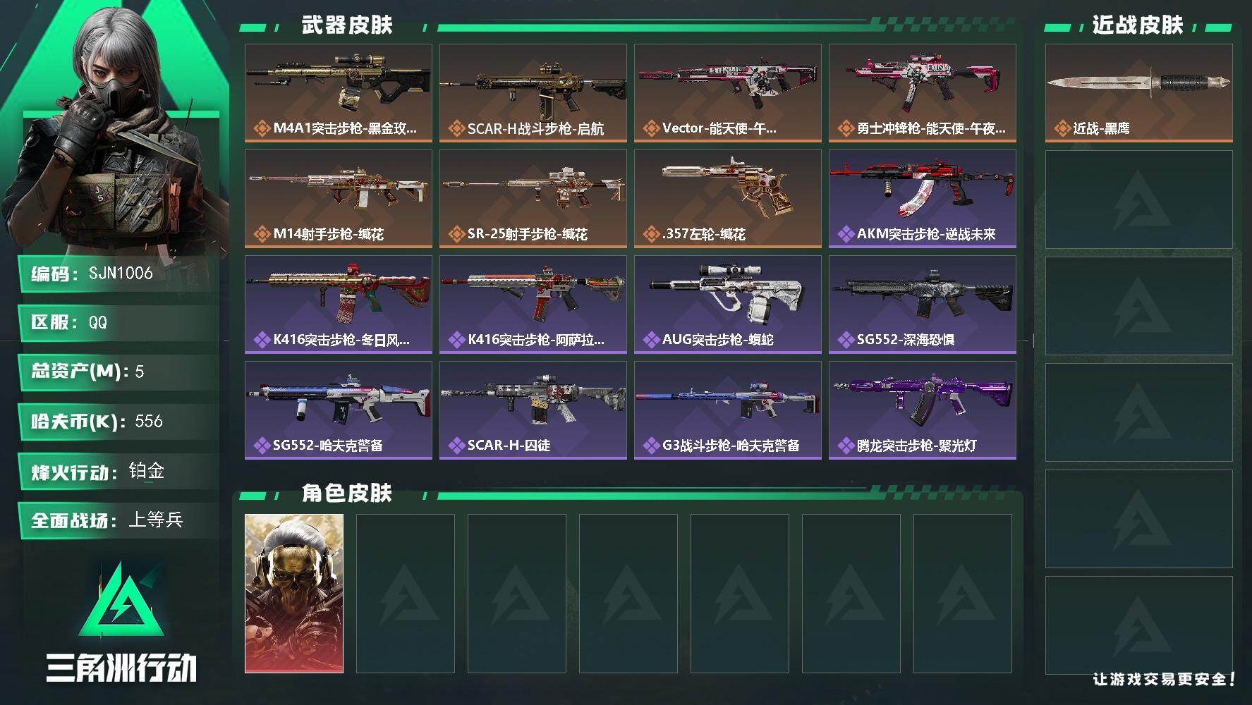 三角洲行动账号QQ【SJN1006】总资产5M/哈夫币55万/干员外观数1/传说枪皮数7/战场等级21/行动等级56/安全箱等时效性道具以游戏内数据为准，详情请看图/红狼-蚀金玫瑰/近战-黑鹰/M4A1突击步枪-蚀金