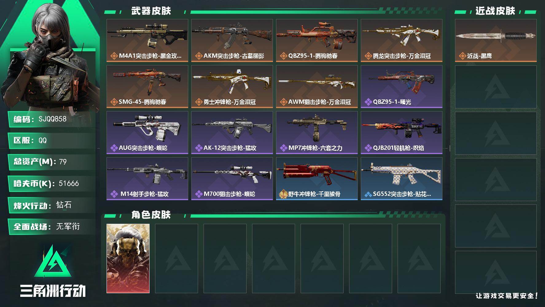三角洲行动账号QQ【SJQQ858】总资产79M/哈夫币5166万/干员外观数1/传说枪皮数7/战场等级3/行动等级55/安全箱等时效性道具以游戏内数据为准，详情请看图/红狼-蚀金玫瑰/近战-黑鹰/M4A1突击步枪-