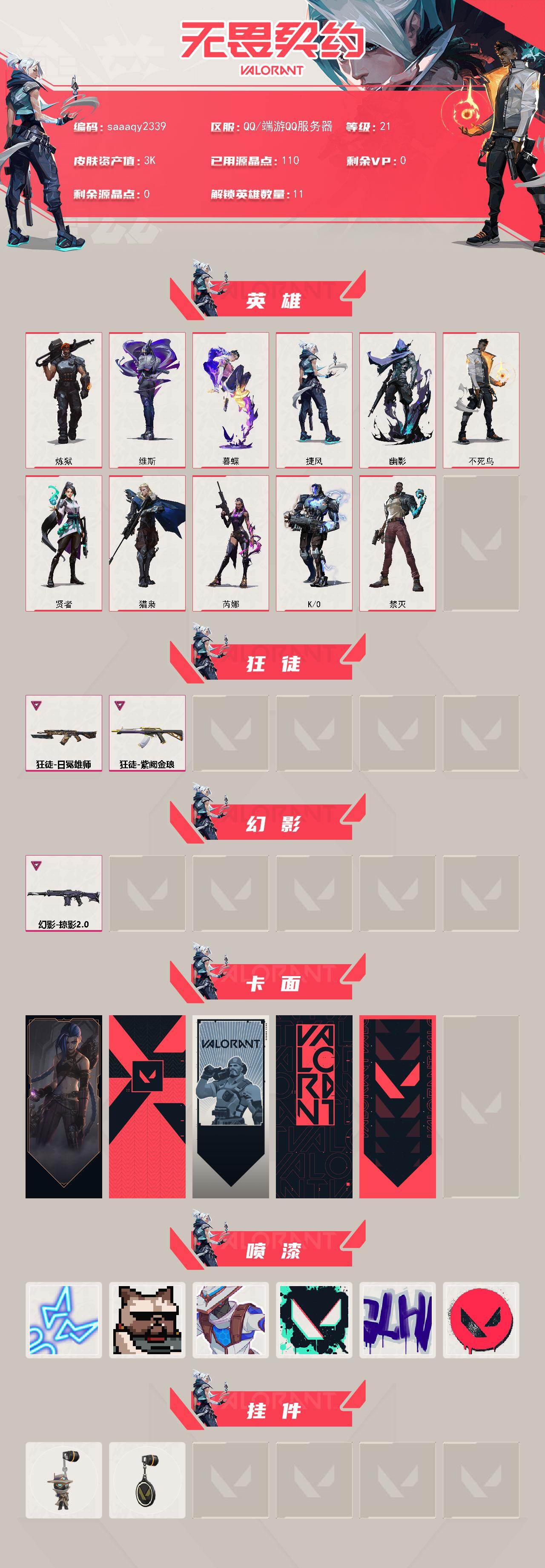 青铜3,紫金1日冕狂徒 掠影幻影
【英雄】:炼狱,维斯,暮蝶,捷风,幽影,不死鸟,贤者,猎枭,芮娜,K/O,禁灭
【狂徒】:狂徒-日冕雄师,狂徒-紫阙金琅
【幻影】:幻影-掠影//2.0
【卡面】: