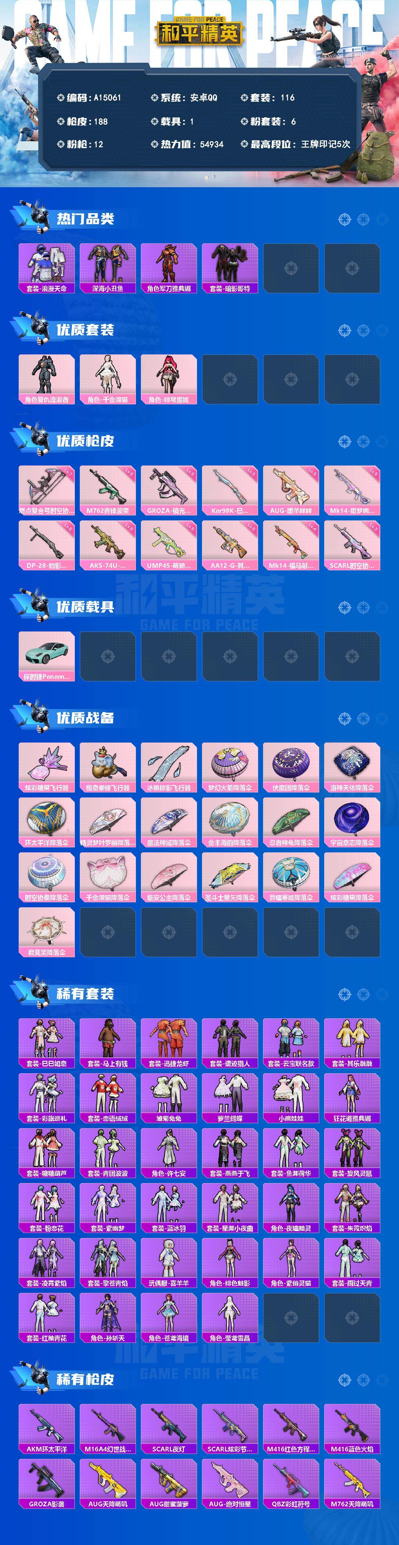 和平精英账号安卓QQ【A15061】116套装/枪械12/装备237/载具1/战备167/王牌印记5/热力值54934/五级AA12-G-其乐融融/三级SCAR-L-时空协奏/五级GROZA-镜光银凌/五级AUG-暖羊