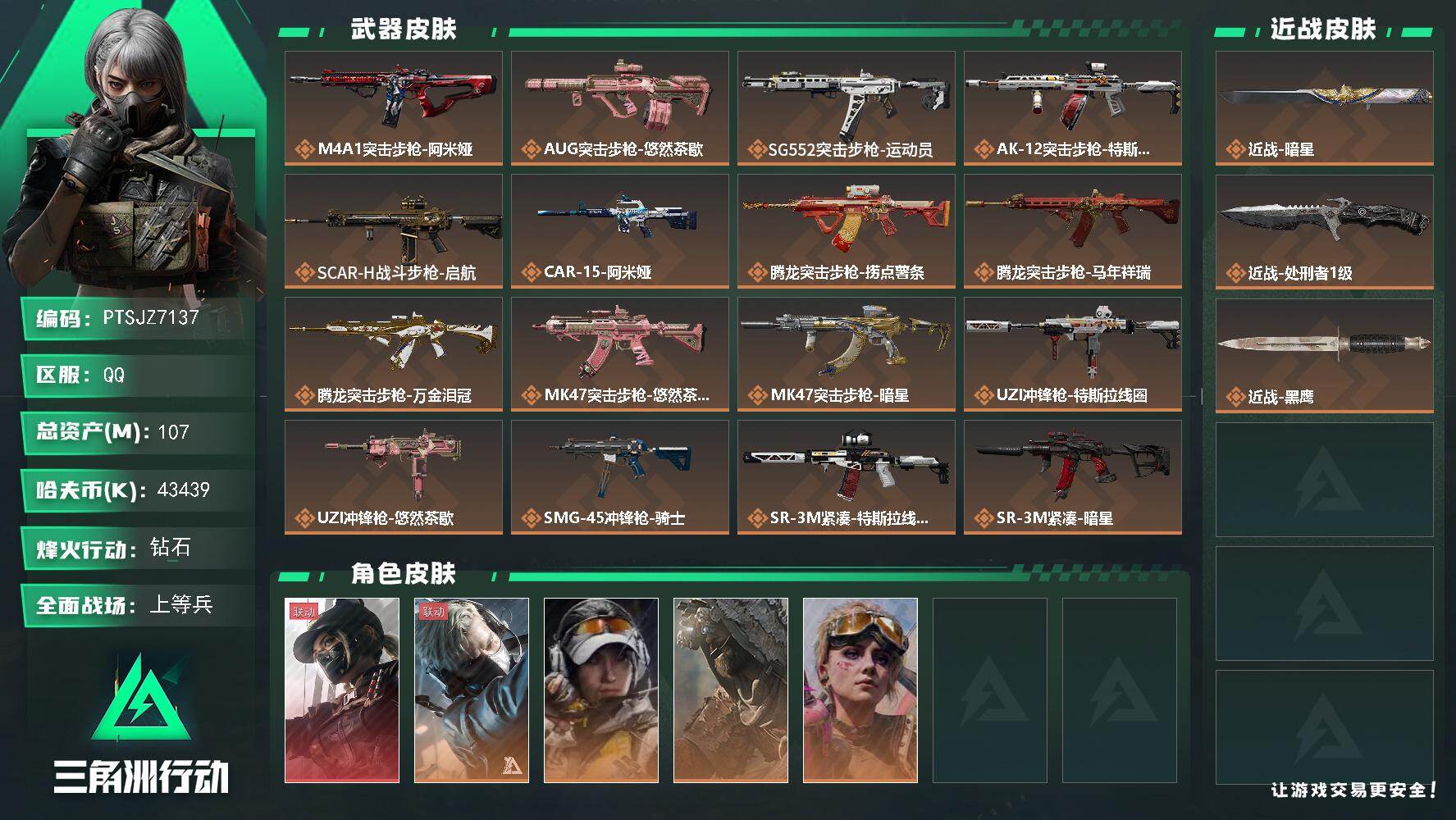 三角洲行动账号QQ【PTSJZ7137】总资产107M/哈夫币4343万/传说近战数2/干员外观数5/传说枪皮数31/