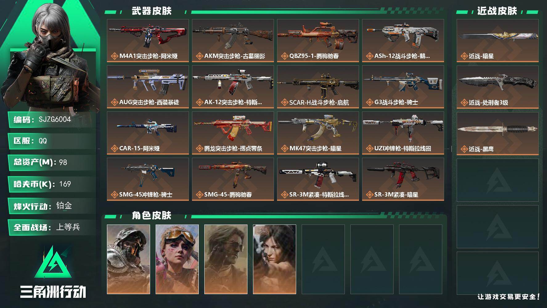 三角洲行动账号QQ【SJZG6004】总资产98M/哈夫币16万/传说近战数2/干员外观数4/传说枪皮数29/战场等级30/行动等级60/安全箱等时效性道具以游戏内数据为准，详情请看图/深蓝-不破誓约/蛊-不羁人生/