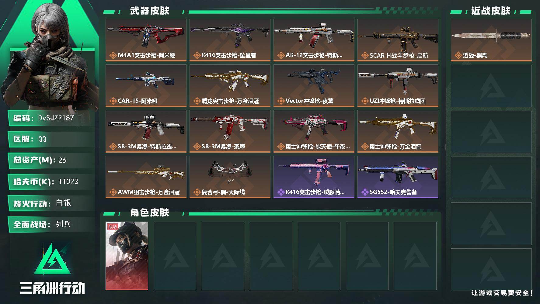 三角洲行动账号QQ【DySJZ2187】总资产26M/哈夫币1102万/干员外观数1/传说枪皮数14/战场等级9/行动等级47/安全箱等时效性道具以游戏内数据为准，详情请看图/露娜-黑·天际线/近战-黑鹰/M4A1突