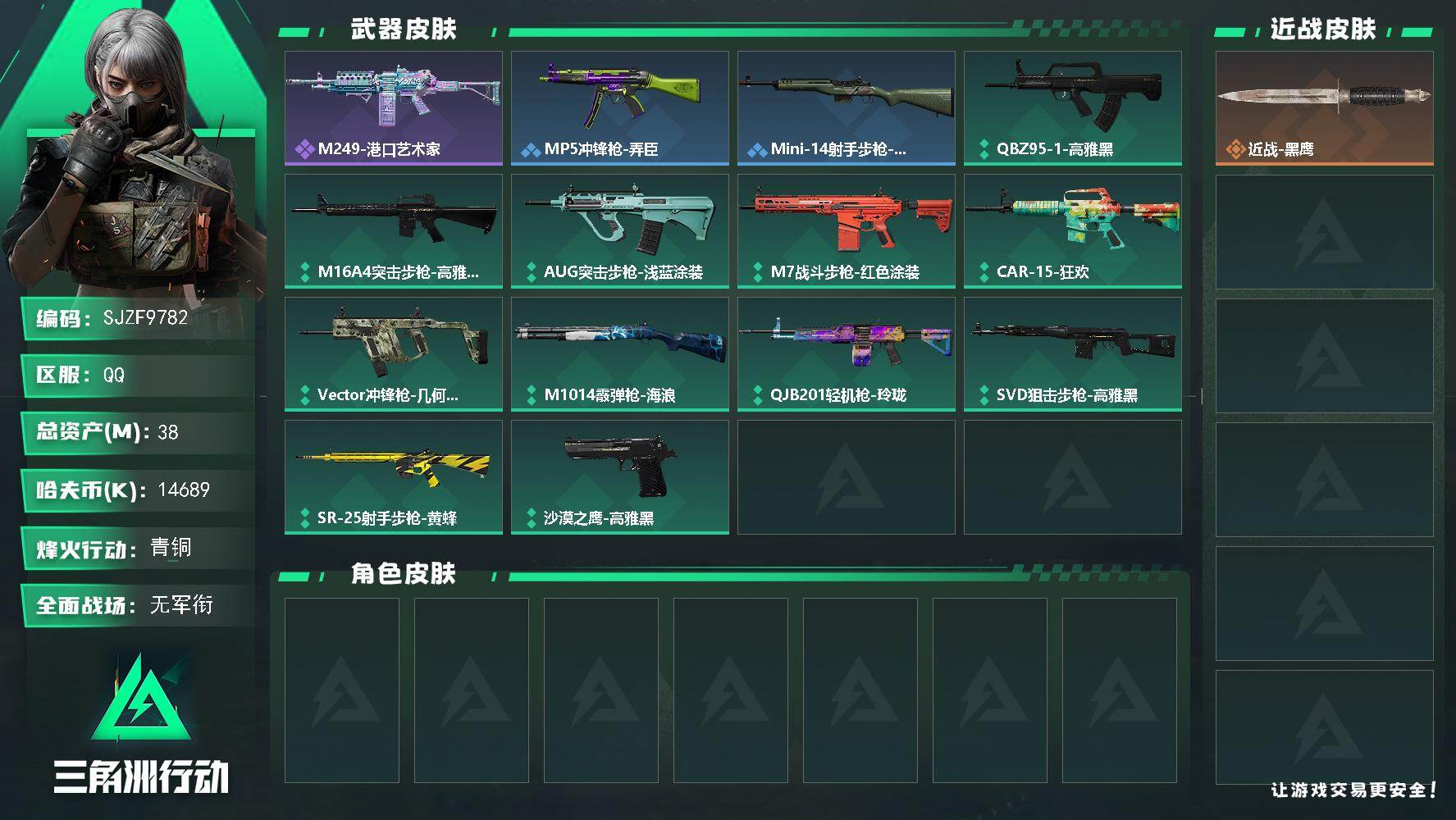 三角洲行动账号QQ【SJZF9782】总资产38M/哈夫币1468万/战场等级1/行动等级40/安全箱等时效性道具以游戏内数据为准，详情请看图/近战-黑鹰/M249轻机枪-港口艺术家/MP5冲锋枪-弄臣/Mini-1