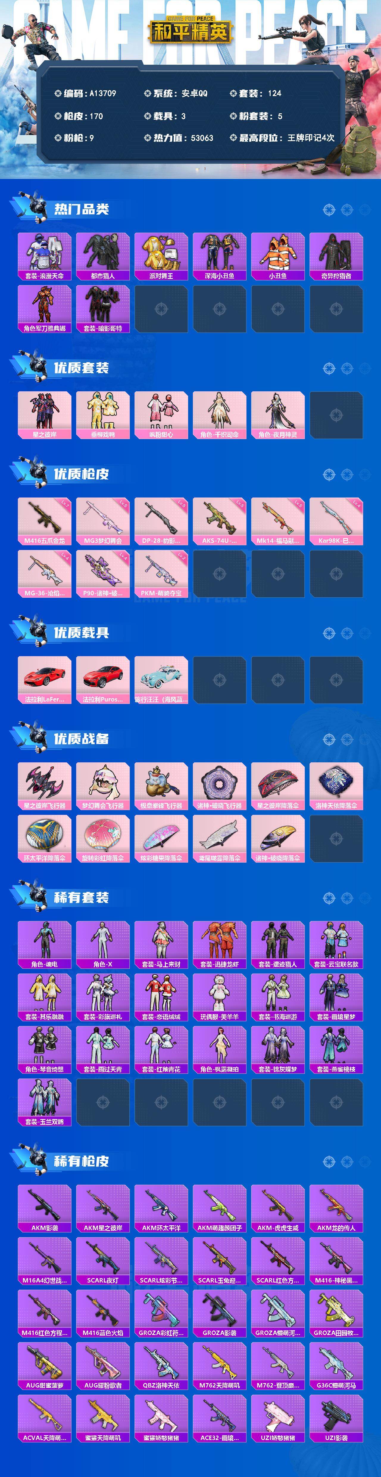 和平精英账号安卓QQ【A13709】124套装/枪械9/装备182/载具3/战备122/王牌印记4/热力值53063/七级M416-五爪金龙/五级AKS-74U-森灵之息/四级P90-诸神·破晓/四级Kar98K-巳巳