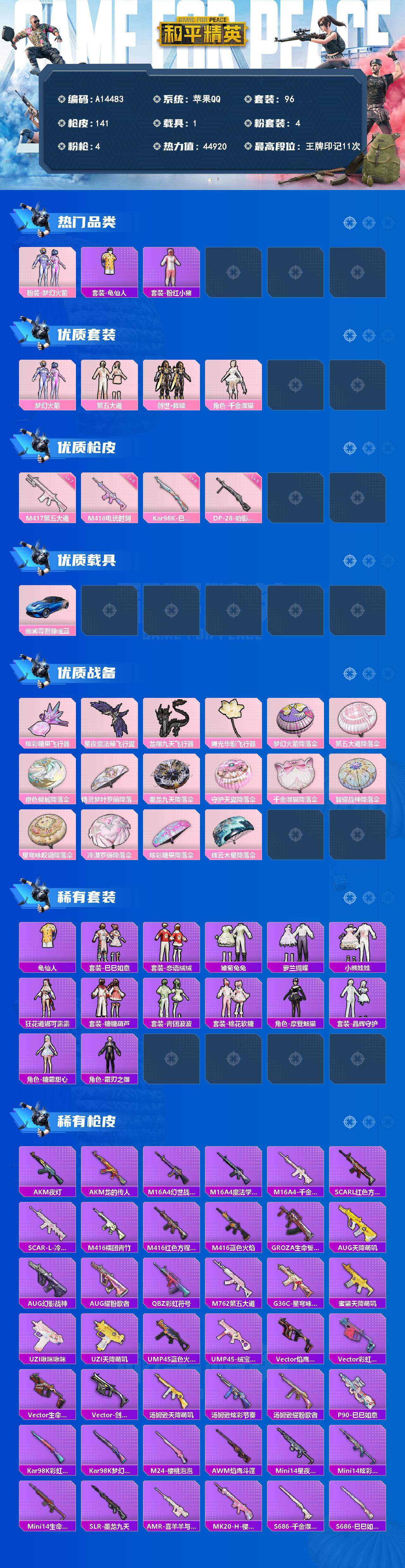 和平精英账号苹果QQ【A14483】96套装/枪械4/装备186/载具1/战备118/王牌印记11/热力值44920/五级M416-电玩时刻/五级Kar98K-巳巳如意/七级M417-第五大道/五级DP-28-豹影疾电
