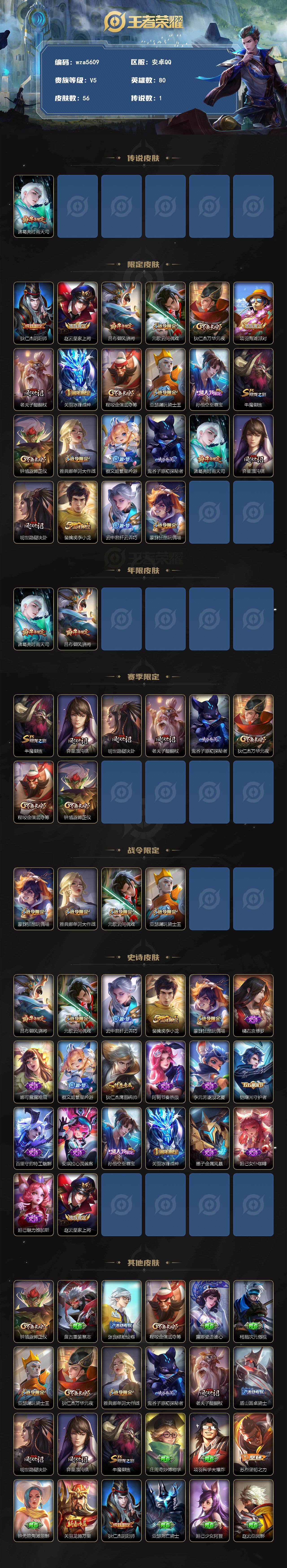荣耀黄金III段位-80英雄-56皮肤-1传说-20史诗
【传说皮肤】:诸葛亮时雨天司
【限定皮肤】:狄仁杰阴阳师,赵云皇家上将,吕布御风骁将,元歌云间偶戏,狄仁杰万华元夜,项羽海滩派对,老夫子醍醐