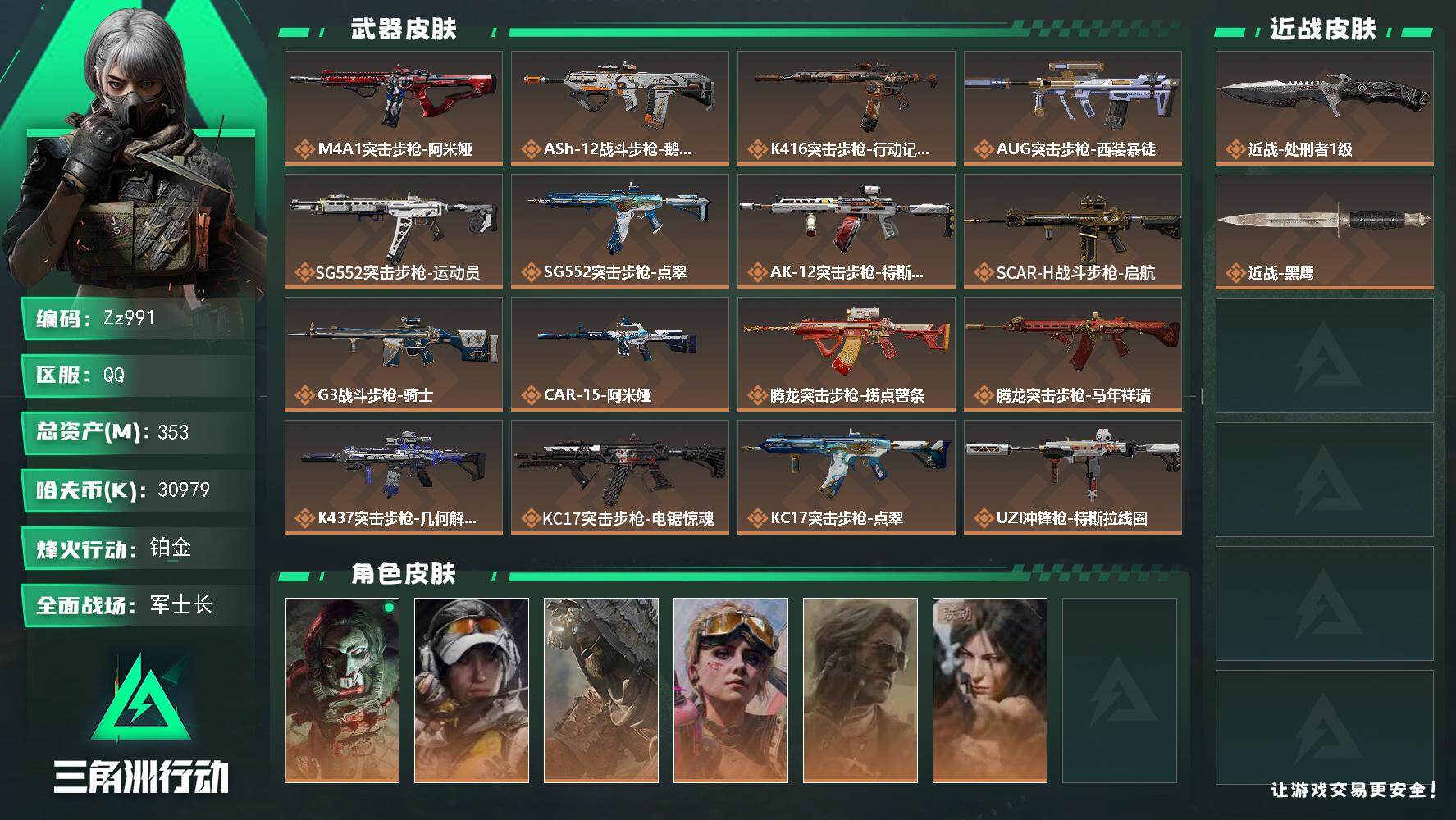 三角洲行动账号QQ【Zz991】353m总资产-30979k哈夫币-60烽火等级-铂金-40战场等级-军士长
【干员外观】：红狼-电锯惊魂，露娜-金牌射手，乌鲁鲁-荒原猎手，蛊-不羁人生，银翼-未结卷宗，露娜-劳拉·