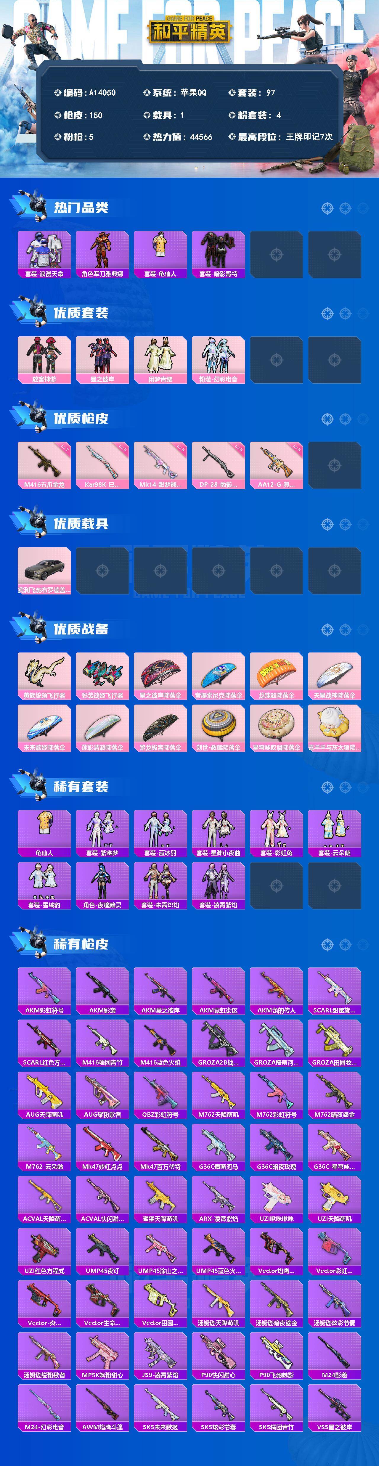 和平精英账号苹果QQ【A14050】97套装/枪械5/装备193/载具1/战备109/王牌印记7/热力值44566/五级AA12-G-其乐融融/七级M416-五爪金龙/五级Kar98K-巳巳如意/五级Mk14-甜梦熊击