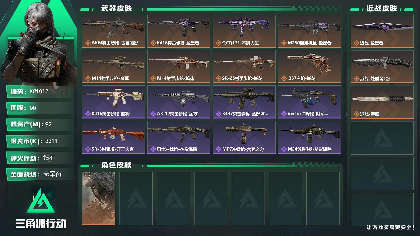 三角洲行动账号QQ【KW1012】总资产92M/哈夫币331万/传说近战数2/干员外观数1/传说枪皮数8/战场等级1/行动等级60/安全箱等时效性道具以游戏内数据为准，详情请看图/乌鲁鲁-荒原猎手/近战-坠星者/近战