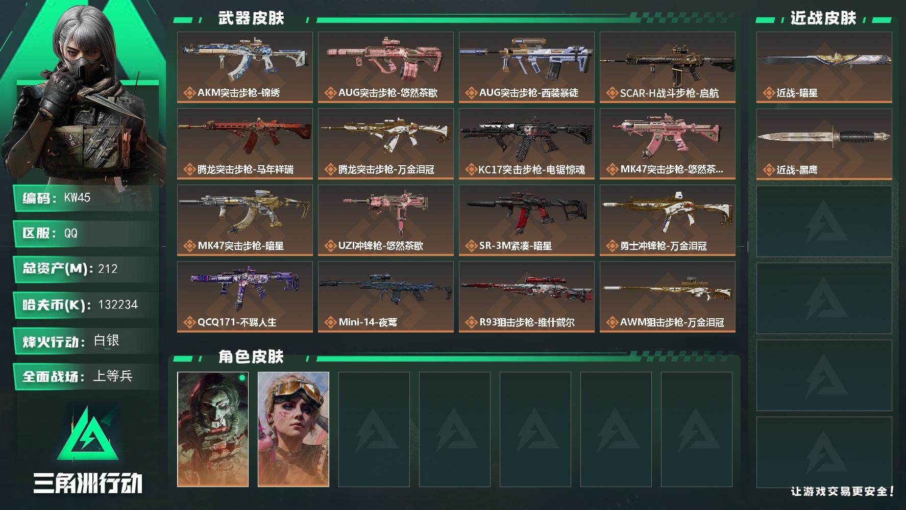 三角洲行动账号QQ【KW45】总资产212M/哈夫币13223万/传说近战数1/干员外观数2/传说枪皮数17/战场等级18/行动等级60/安全箱等时效性道具以游戏内数据为准，详情请看图/红狼-电锯惊魂/蛊-不羁人生/