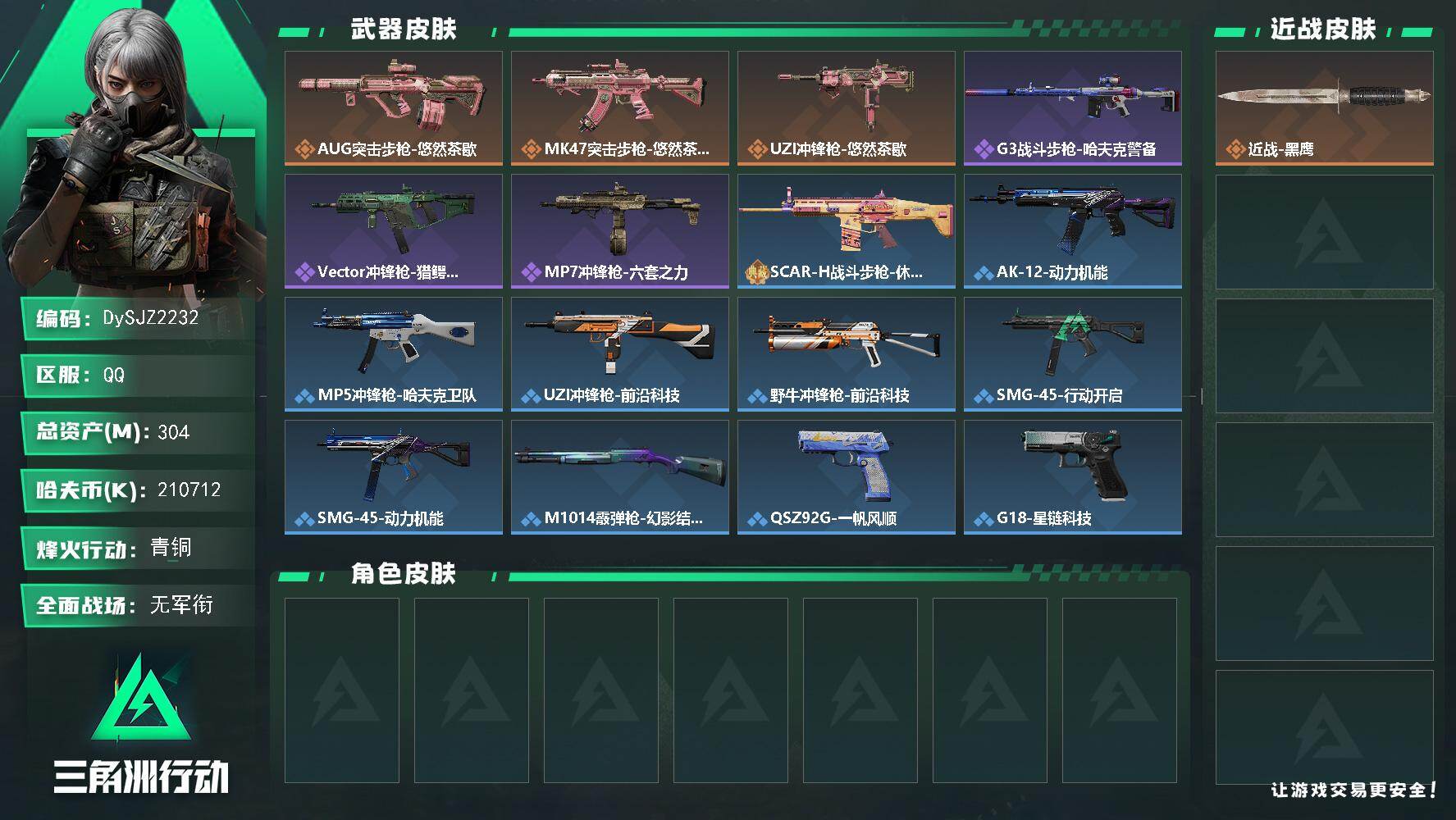 三角洲行动账号QQ【DySJZ2232】总资产304M/哈夫币21071万/传说枪皮数3/战场等级1/行动等级60/安全箱等时效性道具以游戏内数据为准，详情请看图/近战-黑鹰/AUG突击步枪-悠然茶歇/MK47突击步