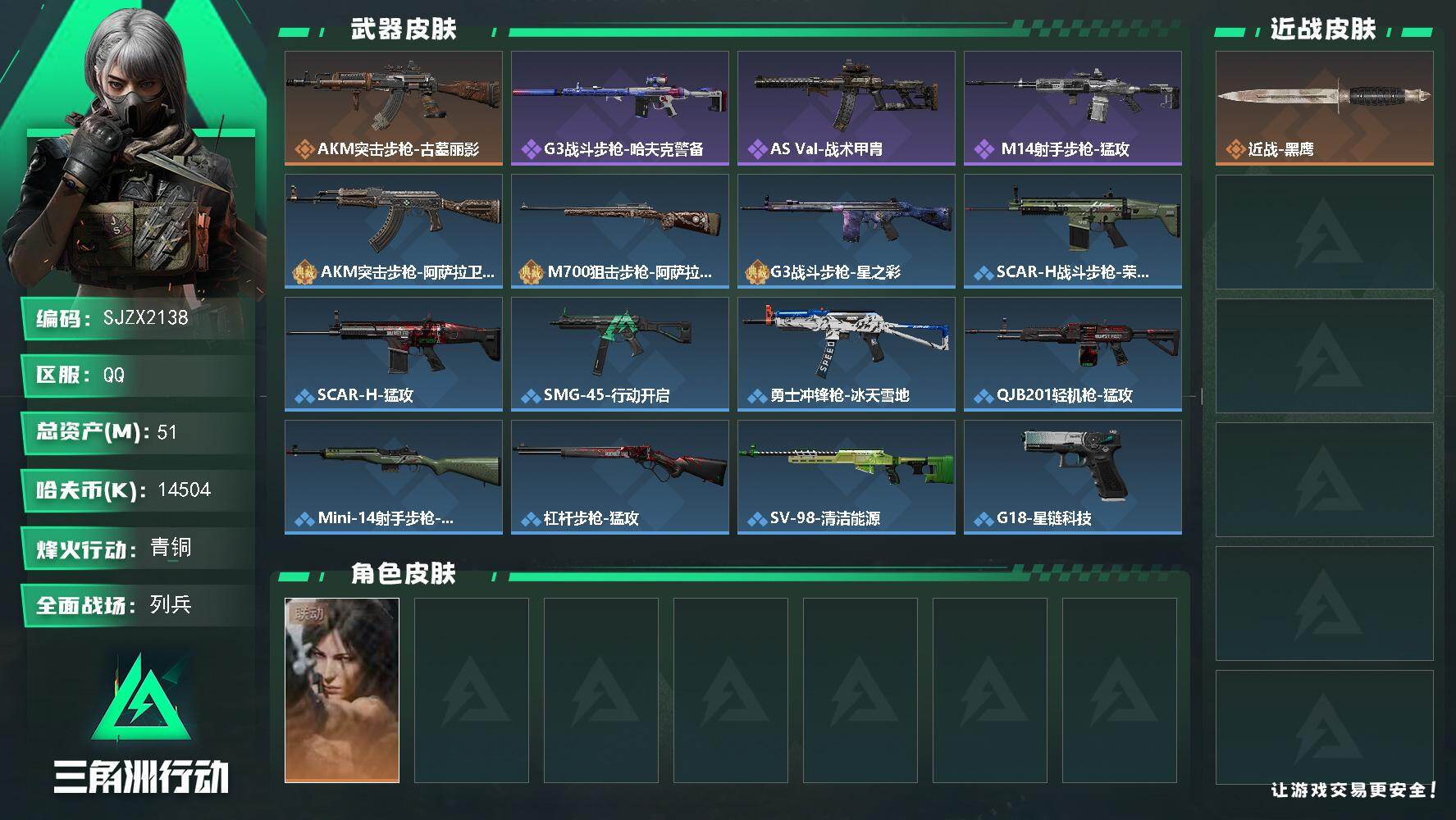 三角洲行动账号QQ【SJZX2138】总资产51M/哈夫币1450万/干员外观数1/传说枪皮数1/战场等级9/行动等级42/安全箱等时效性道具以游戏内数据为准，详情请看图/露娜-劳拉·克劳馥/近战-黑鹰/AKM突击步