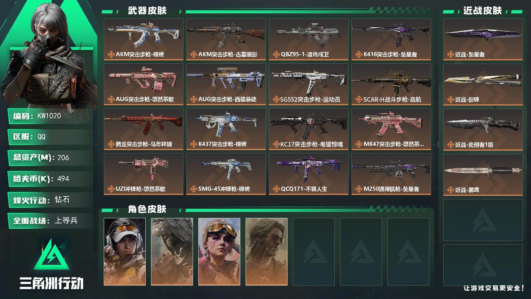 三角洲行动账号QQ【KW1020】总资产206M/哈夫币49万/传说近战数3/干员外观数4/传说枪皮数20/战场等级26/行动等级60/安全箱等时效性道具以游戏内数据为准，详情请看图/零号玩家/露娜-金牌射手/乌鲁鲁