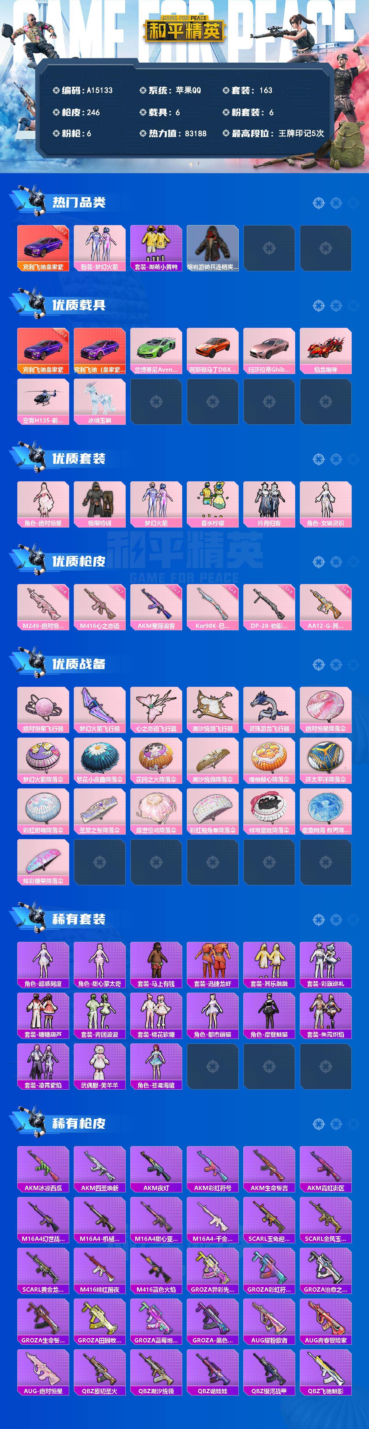 和平精英账号苹果QQ【A15133】163套装/枪械6/装备248/载具6/战备151/王牌印记5/热力值83188/五级AA12-G-其乐融融/七级AKM-星际浪客/七级M416-心之恋语/五级Kar98K-巳巳如意