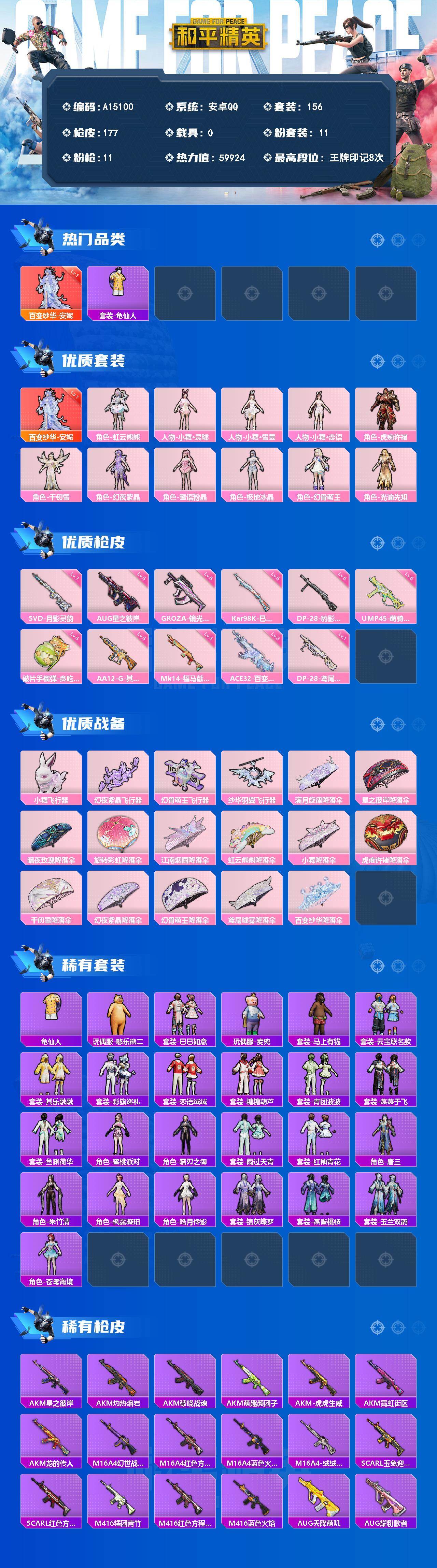 和平精英账号安卓QQ【A15100】156套装/枪械11/装备215/战备122/王牌印记8/热力值59924/五级AA12-G-其乐融融/五级GROZA-镜光银凌/五级AUG-星之彼岸/三级ACE32-百变纱华/五级