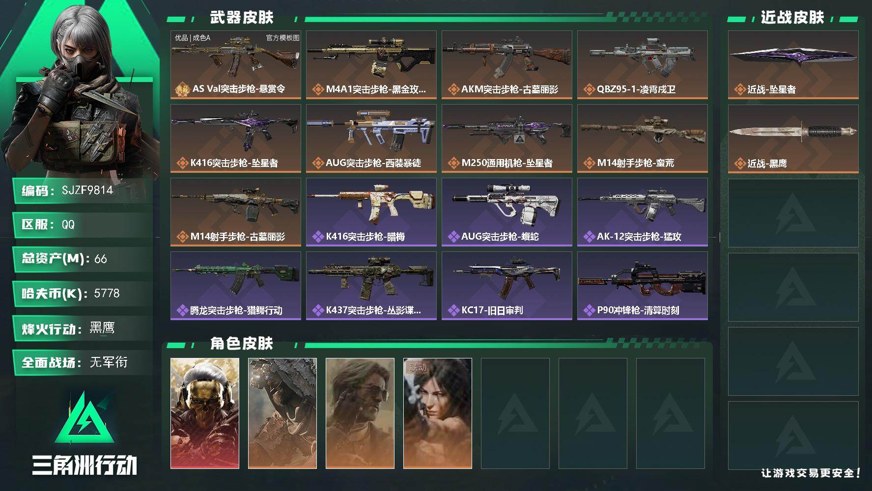 三角洲行动账号QQ【SJZF9814】总资产66M/哈夫币577万/传说近战数1/干员外观数4/典藏外观数1/传说枪皮数9/战场等级1/行动等级60/安全箱等时效性道具以游戏内数据为准，详情请看图/红狼-蚀金玫瑰/乌