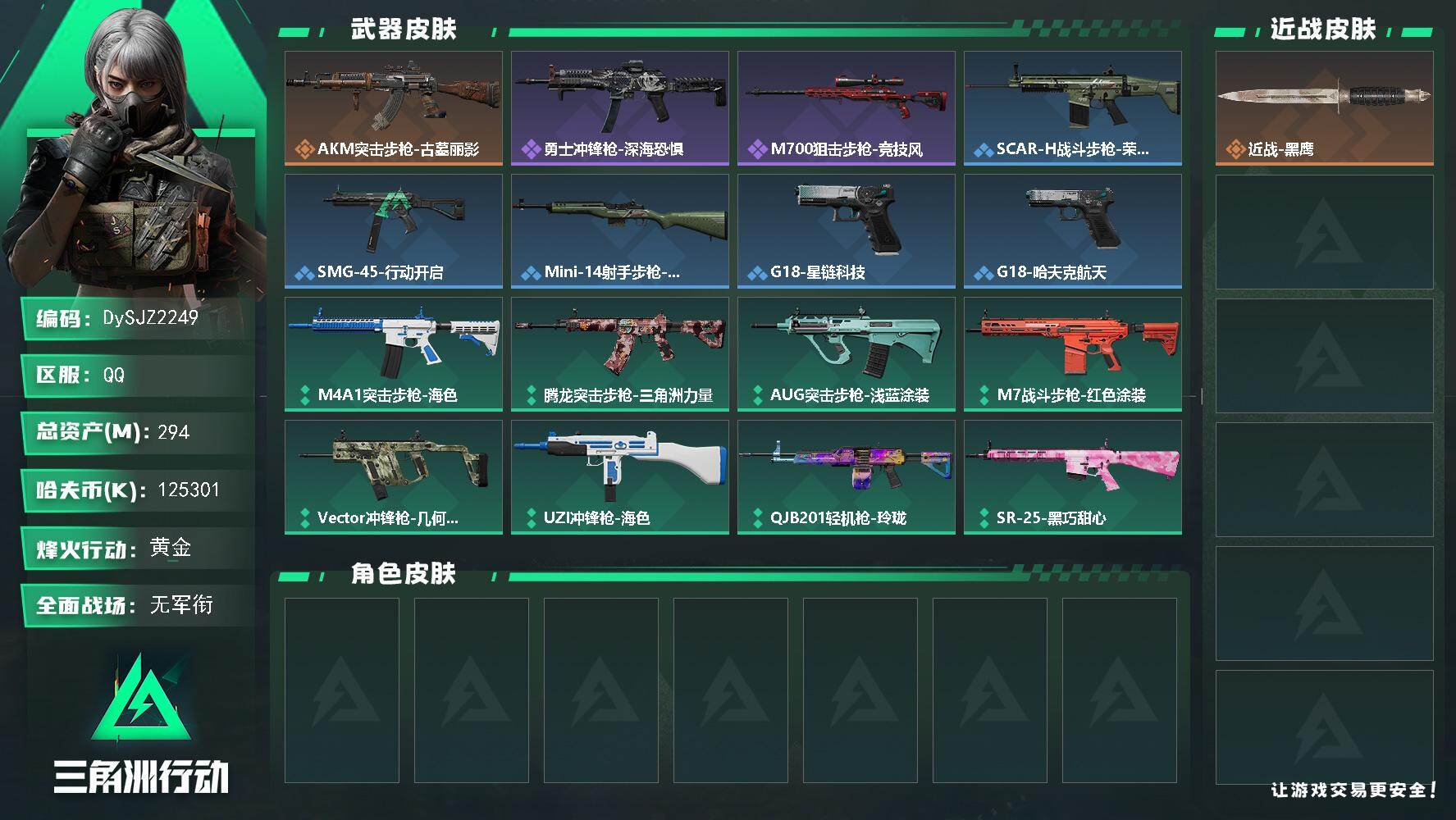 三角洲行动账号QQ【DySJZ2249】总资产294M/哈夫币12530万/传说枪皮数1/战场等级1/行动等级60/安全箱等时效性道具以游戏内数据为准，详情请看图/近战-黑鹰/AKM突击步枪-古墓丽影/QBZ95-1