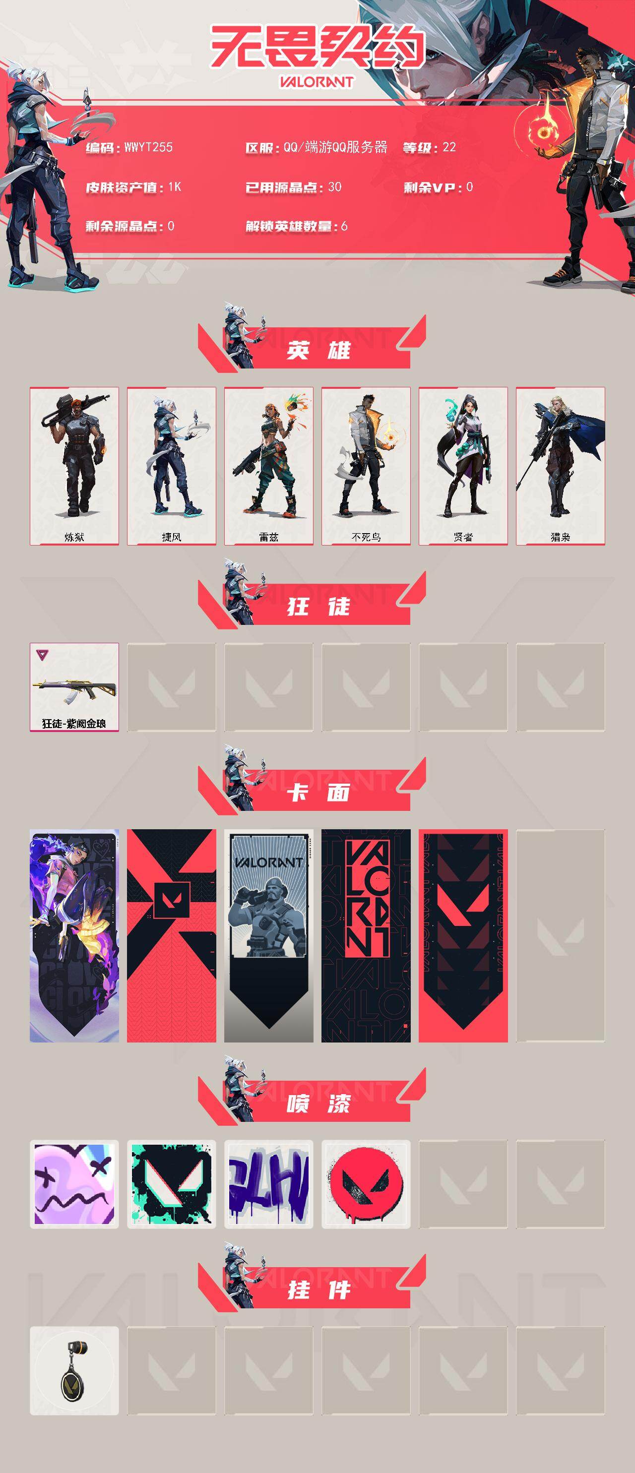 【WWYT255】LV等级22/皮肤总价值1290/段位青铜/总皮肤数量1/枪皮数量1/具体详情请看图/炼狱/捷风/雷兹/不死鸟/贤者/猎枭/紫阙金琅 狂徒/无畏契约：暮蝶 卡面/代号红色 卡面/新