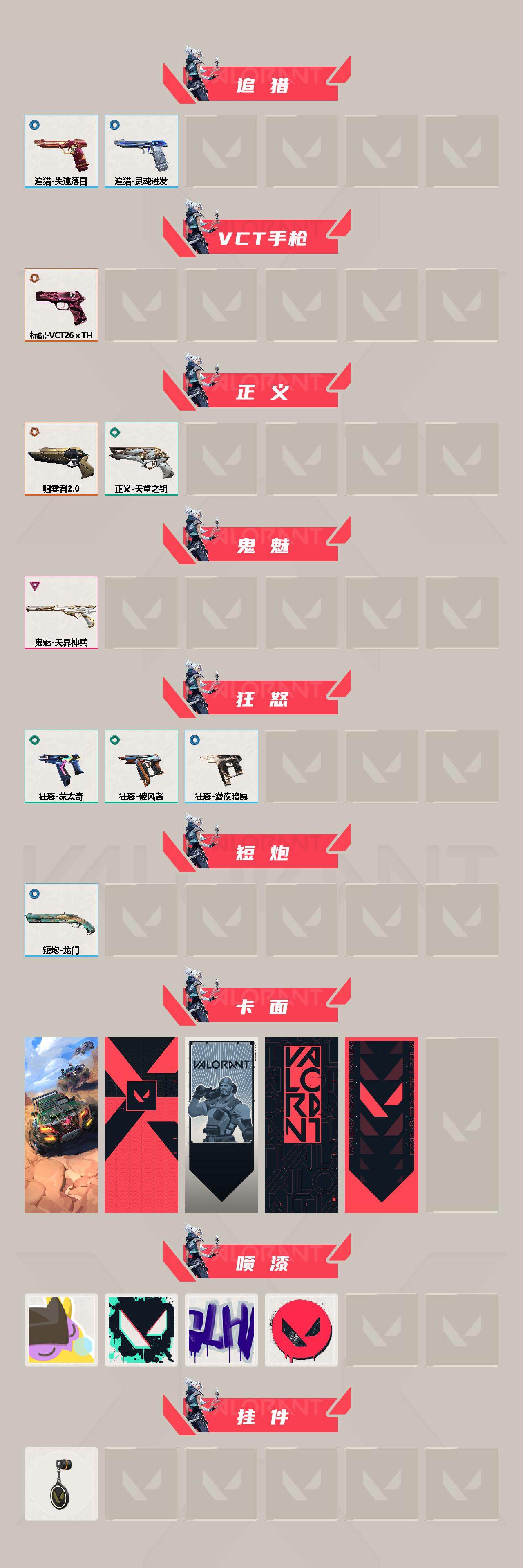 【英雄】:炼狱,暮蝶,壹决,铁臂,捷风,雷兹,不死鸟,贤者,猎枭,零,芮娜,尚勃勒,霓虹,斯凯,夜露,盖可,迷核
【近战武器】:近战武器-破风之刃,近战武器-天堂之钥
【狂徒】:狂徒-归零者,狂徒-