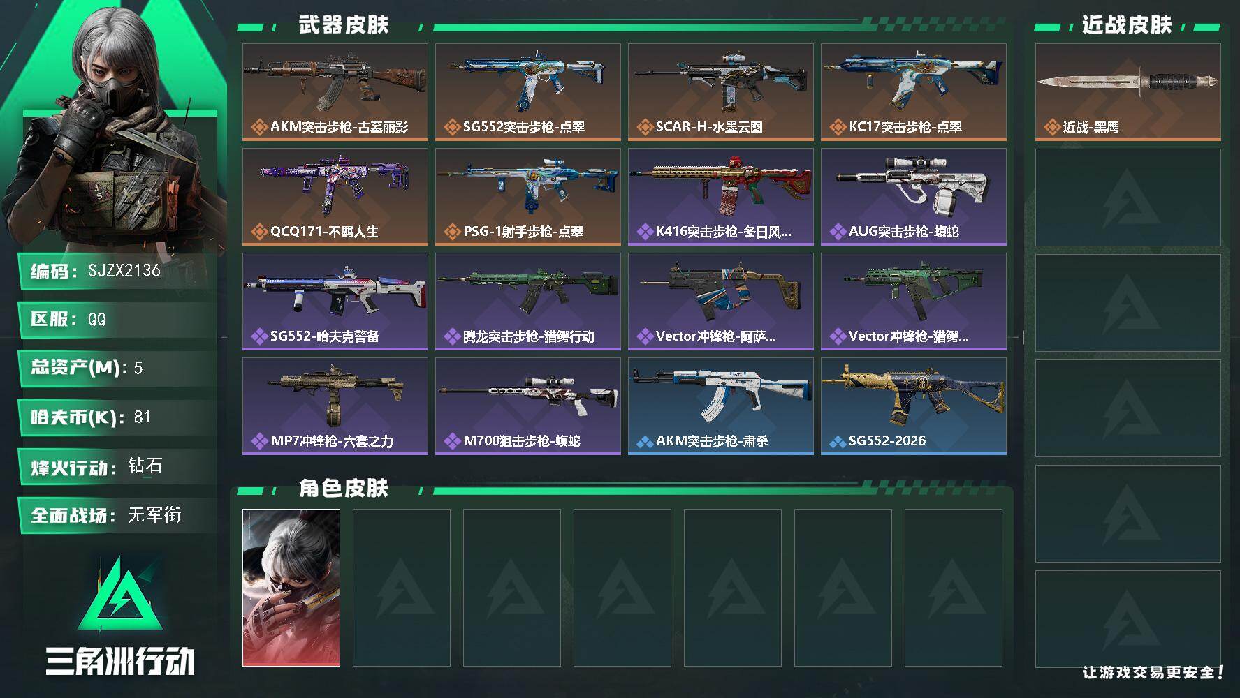三角洲行动账号QQ【SJZX2136】总资产5M/哈夫币8万/干员外观数1/传说枪皮数6/战场等级5/行动等级60/安全箱等时效性道具以游戏内数据为准，详情请看图/骇爪-水墨云图/近战-黑鹰/AKM突击步枪-古墓丽影