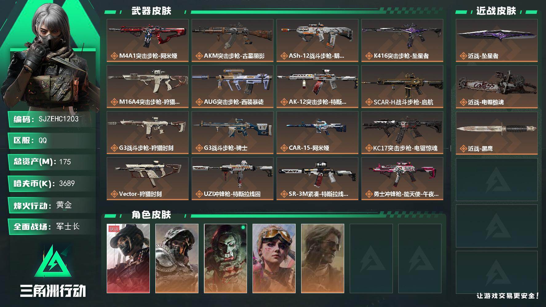 三角洲行动账号QQ【SJZEHC1203】EHC40034	1红皮/4金皮/2刀皮/1六套/43发aw/9咖啡豆/175m总资产-3689k哈夫币-60烽火等级-黄金-44战场等级-军士长
【干员外观】：露娜-黑·天