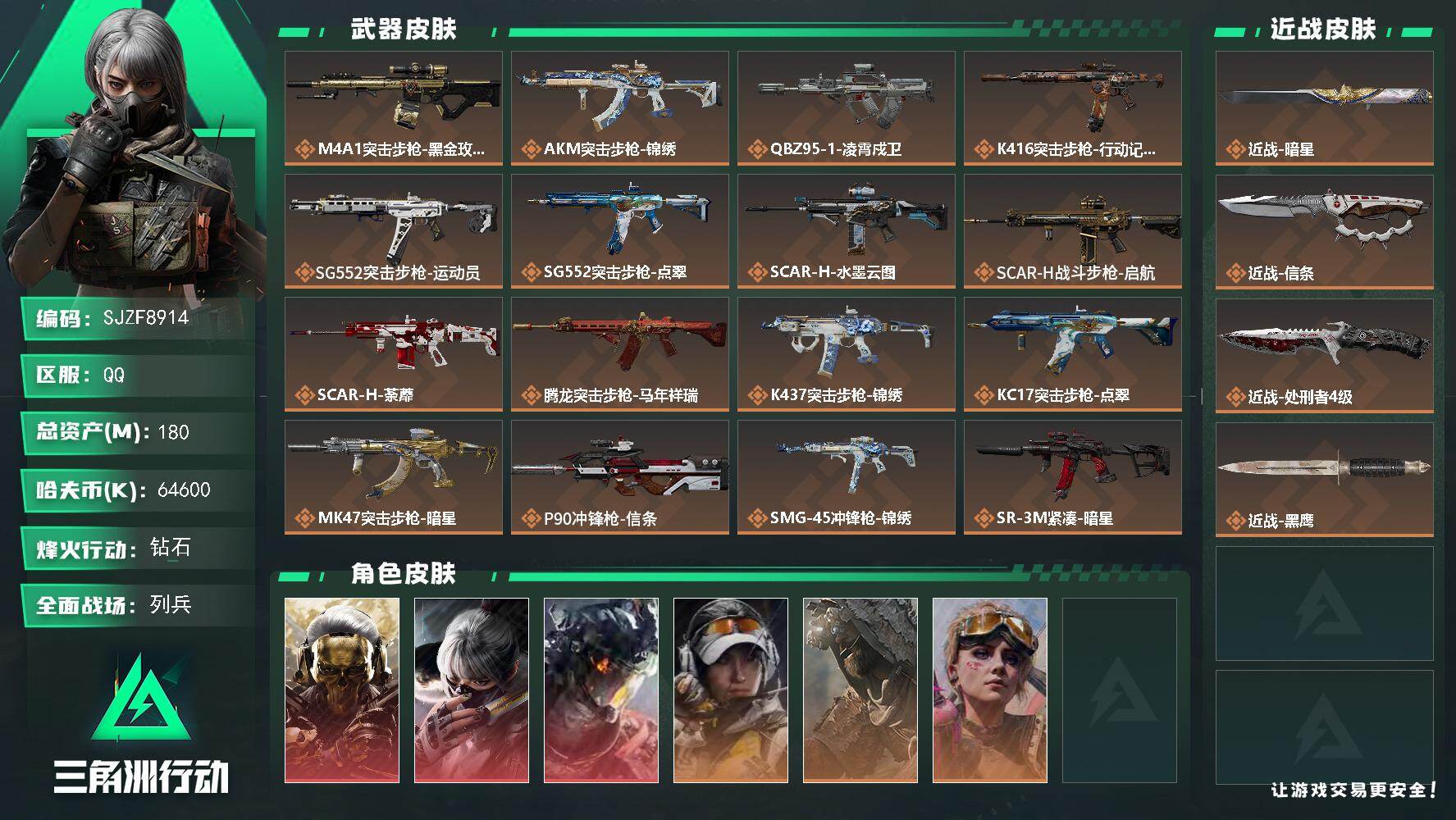 三角洲行动账号QQ【SJZF8914】总资产180M/哈夫币6460万/传说近战数3/干员外观数6/传说枪皮数30/战场等级18/行动等级60/安全箱等时效性道具以游戏内数据为准，详情请看图/红狼-蚀金玫瑰/骇爪-水
