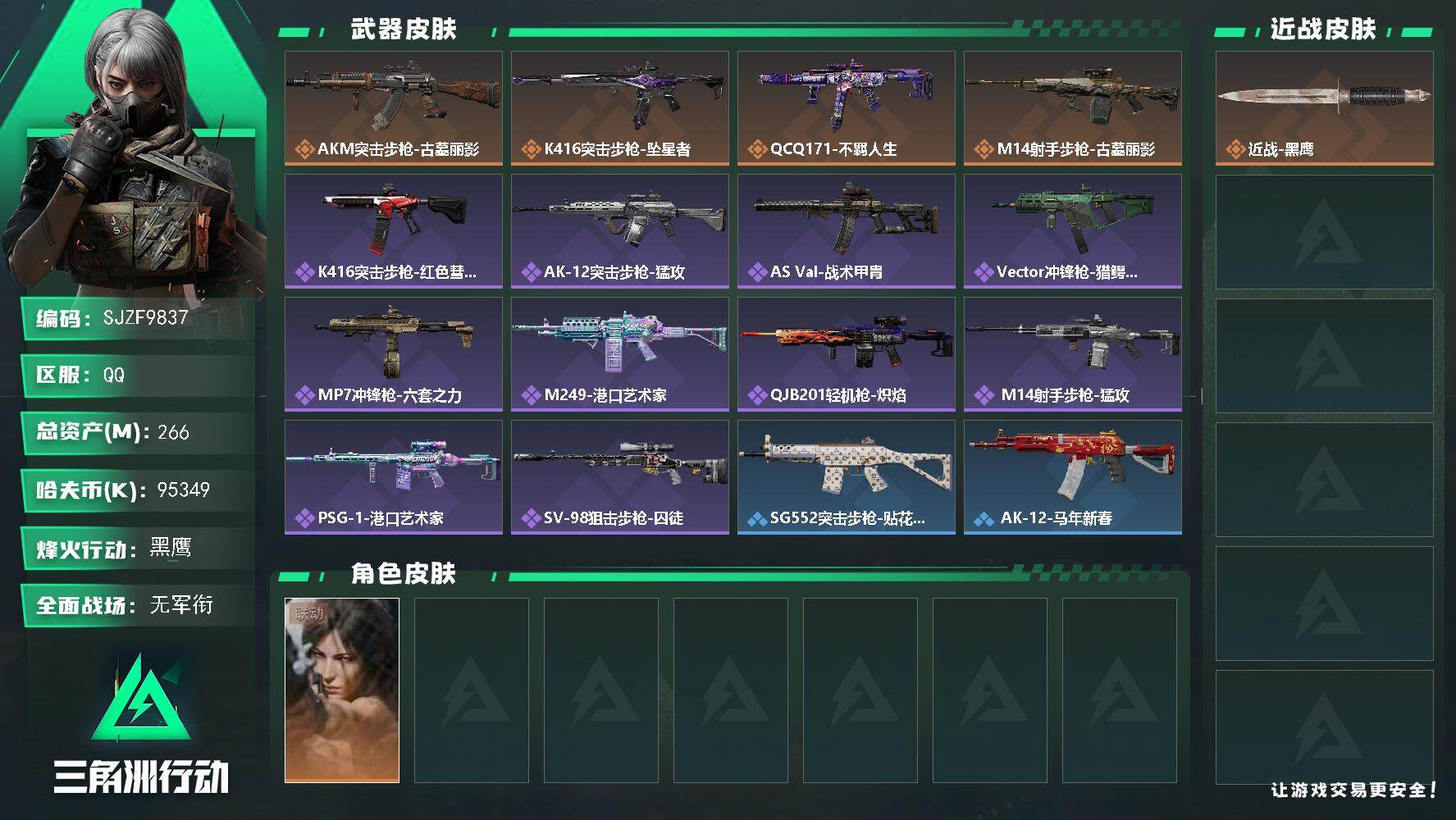 三角洲行动账号QQ【SJZF9837】总资产266M/哈夫币9534万/干员外观数1/传说枪皮数4/战场等级1/行动等级60/安全箱等时效性道具以游戏内数据为准，详情请看图/露娜-劳拉·克劳馥/近战-黑鹰/AKM突击