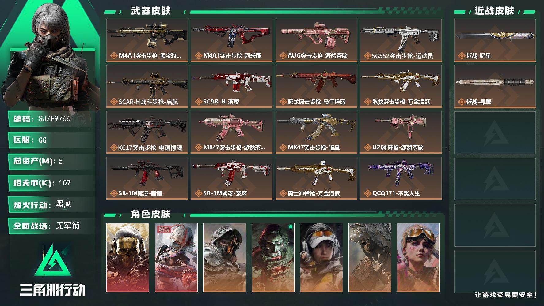 三角洲行动账号QQ【SJZF9766】总资产5M/哈夫币10万/传说近战数1/干员外观数7/传说枪皮数22/战场等级1/行动等级60/安全箱等时效性道具以游戏内数据为准，详情请看图/红狼-蚀金玫瑰/骇爪-维什戴尔/深
