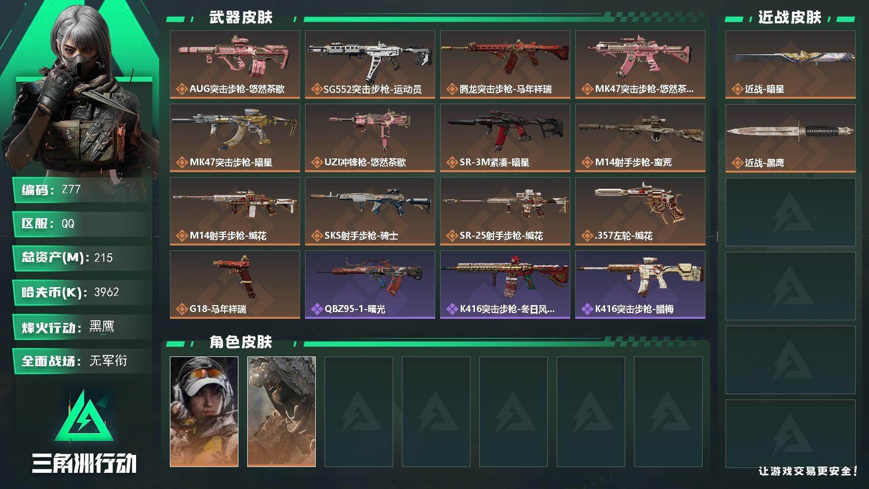三角洲行动账号QQ【Z77】总资产(M)：215M/哈夫币(K)：3962K/哈夫币(K)：3962K/传说枪皮数：13/全面战场等级：1_段位：无段位/烽火地带等级：60_段位：黑鹰/零号玩家/露娜-金牌射手/乌鲁