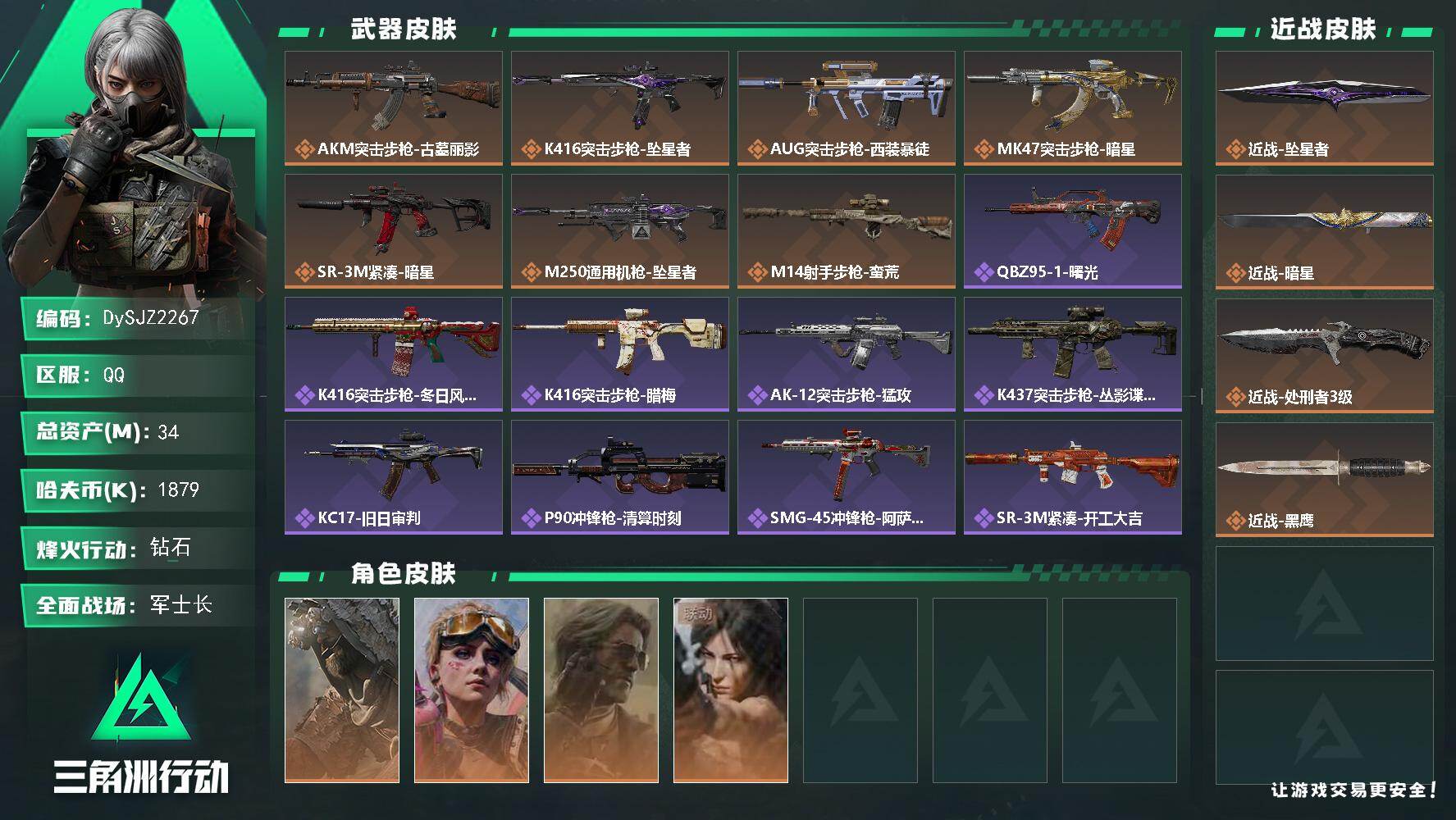 三角洲行动账号QQ【DySJZ2267】总资产34M/哈夫币187万/传说近战数3/干员外观数4/传说枪皮数7/战场等级35/行动等级60/安全箱等时效性道具以游戏内数据为准，详情请看图/乌鲁鲁-荒原猎手/蛊-不羁人