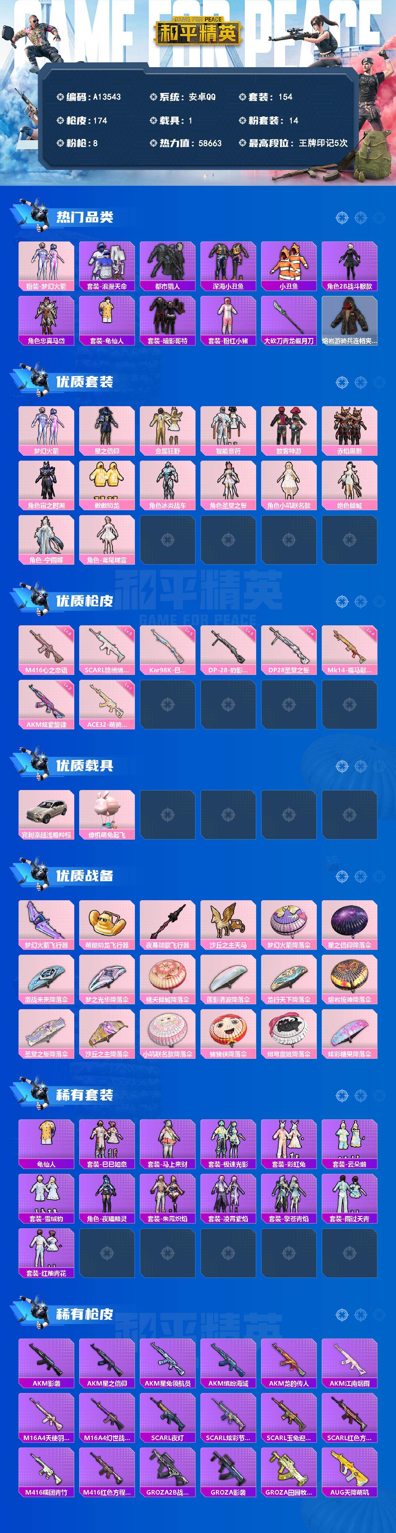 和平精英账号安卓QQ【A13543】154套装/枪械8/装备199/载具1/战备125/王牌印记5/热力值58663/三级AKM-炫紫旋律/五级SCAR-L-锦绣绵绵/六级M416-心之恋语/一级ACE32-萌骑漫游/