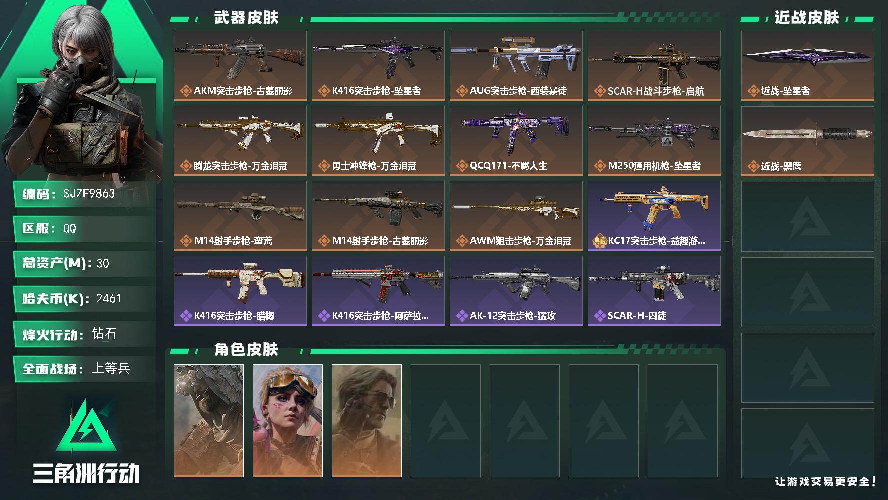 三角洲行动账号QQ【SJZF9863】总资产30M/哈夫币246万/传说近战数1/干员外观数3/传说枪皮数11/战场等级21/行动等级60/安全箱等时效性道具以游戏内数据为准，详情请看图/乌鲁鲁-荒原猎手/蛊-不羁人