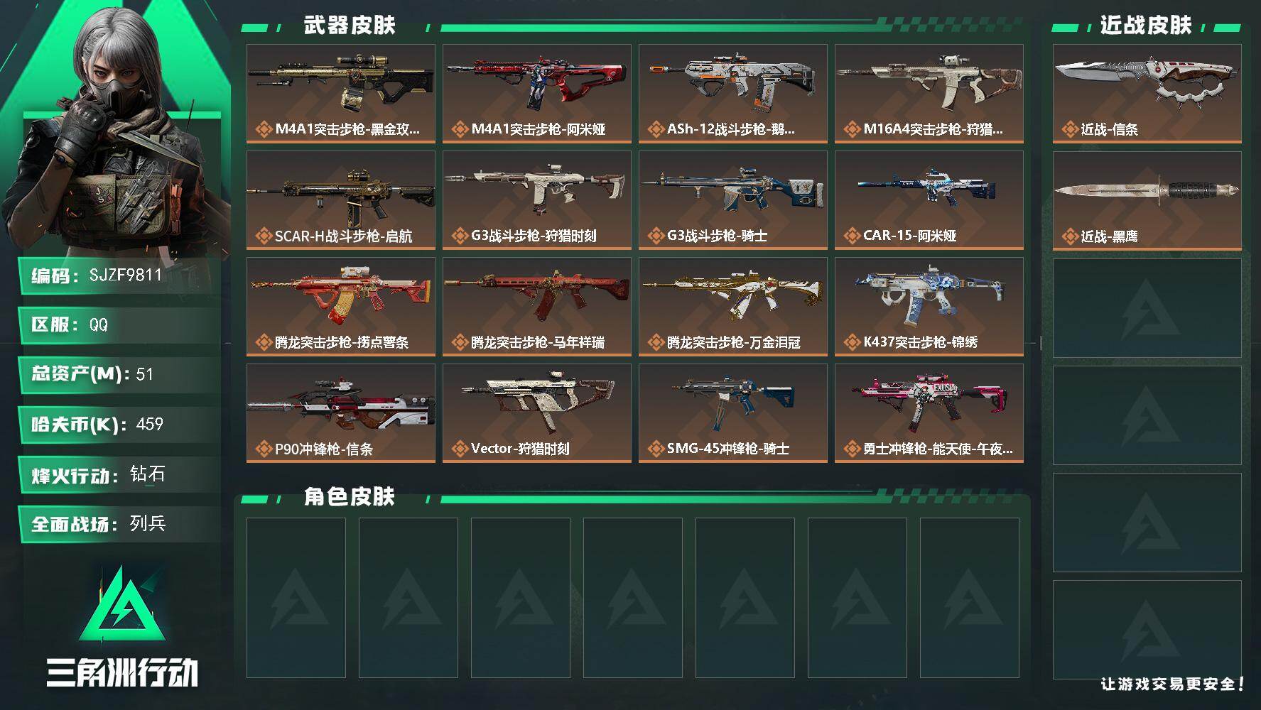 三角洲行动账号QQ【SJZF9811】总资产51M/哈夫币45万/传说近战数1/传说枪皮数26/战场等级17/行动等级60/安全箱等时效性道具以游戏内数据为准，详情请看图/近战-信条/近战-黑鹰/M4A1突击步枪-蚀