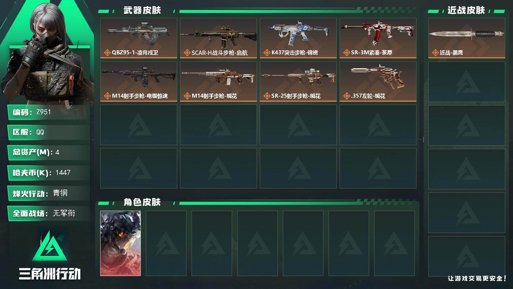 三角洲行动账号QQ【Z951】总资产4M/哈夫币144万/干员外观数1/传说枪皮数8/战场等级1/行动等级11/安全箱等时效性道具以游戏内数据为准，详情请看图/威龙-凌霄戍卫/近战-黑鹰/QBZ95-1突击步枪-凌霄