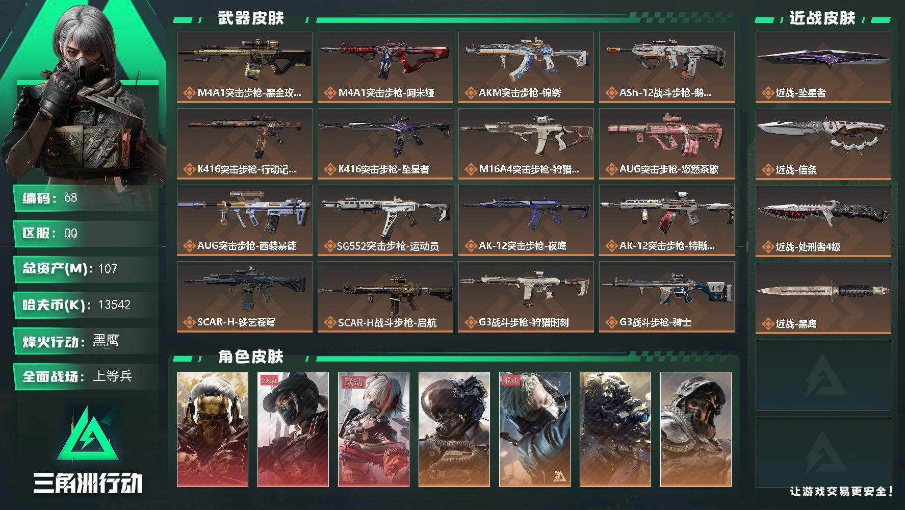 三角洲行动账号QQ107m总资产-13542k哈夫币-60烽火等级-黑鹰-50战场等级-上等兵
【干员外观】：红狼-蚀金玫瑰，露娜-黑·天际线，骇爪-维什戴尔，威龙-壮志凌云，蜂医-送葬人·无题密令，无名-夜鹰，深蓝-