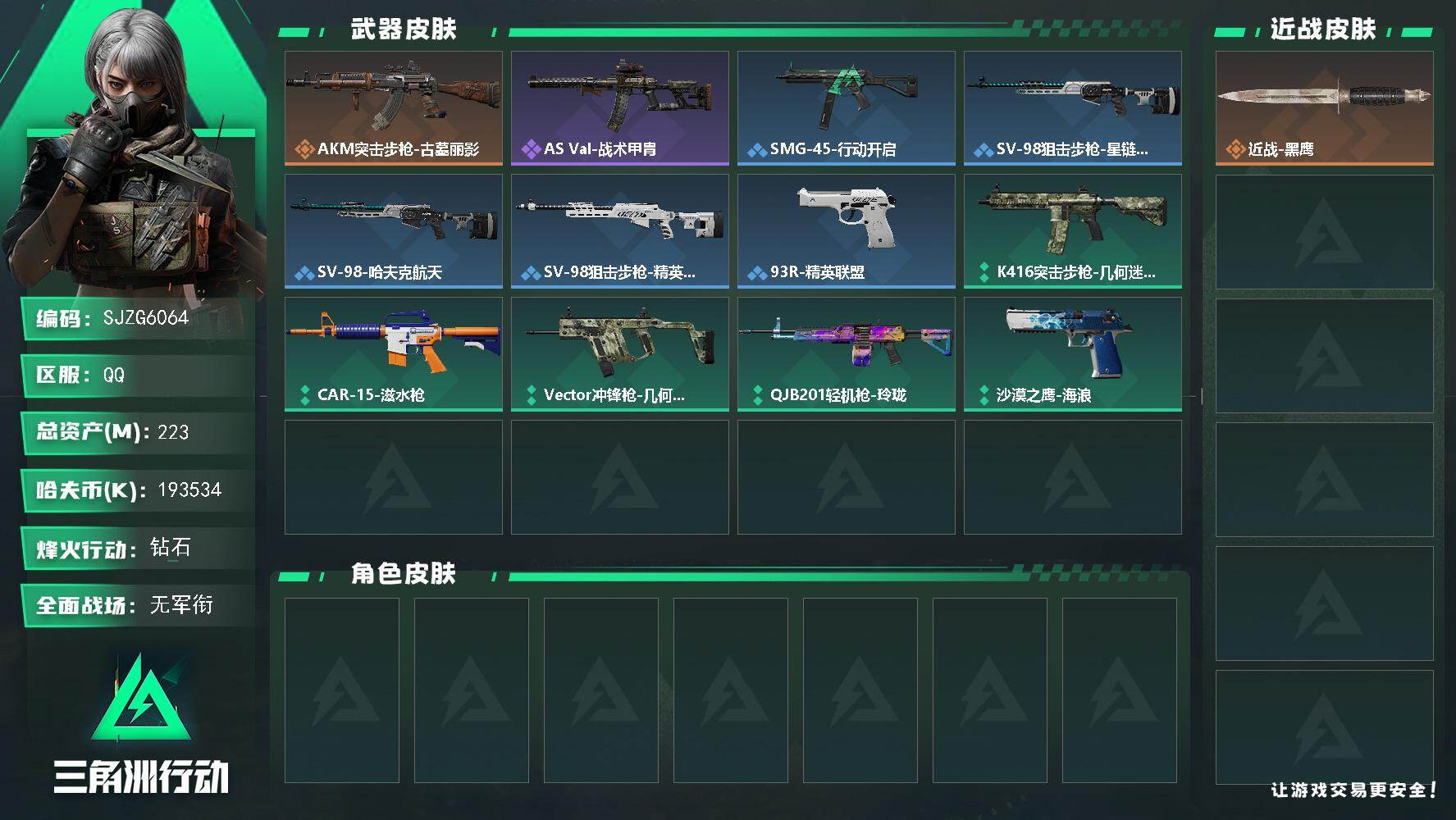 三角洲行动账号QQ【SJZG6064】总资产223M/哈夫币19353万/传说枪皮数1/战场等级5/行动等级60/安全