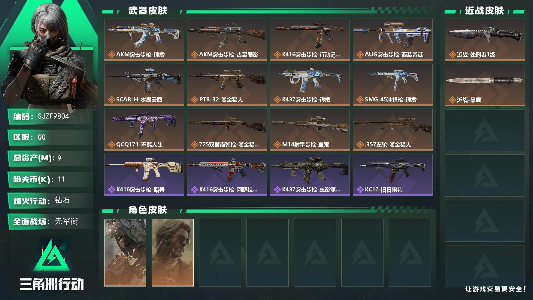 三角洲行动账号QQ【SJZF9804】总资产9M/哈夫币1万/传说近战数1/干员外观数2/传说枪皮数12/战场等级1/行动等级60/安全箱等时效性道具以游戏内数据为准，详情请看图/乌鲁鲁-荒原猎手/银翼-未结卷宗/近
