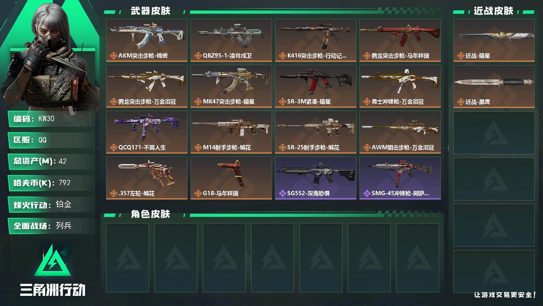 三角洲行动账号QQ【KW30】总资产42M/哈夫币79万/传说近战数1/传说枪皮数14/战场等级12/行动等级37/安全箱等时效性道具以游戏内数据为准，详情请看图/近战-暗星/近战-黑鹰/AKM突击步枪-锦绣/QBZ