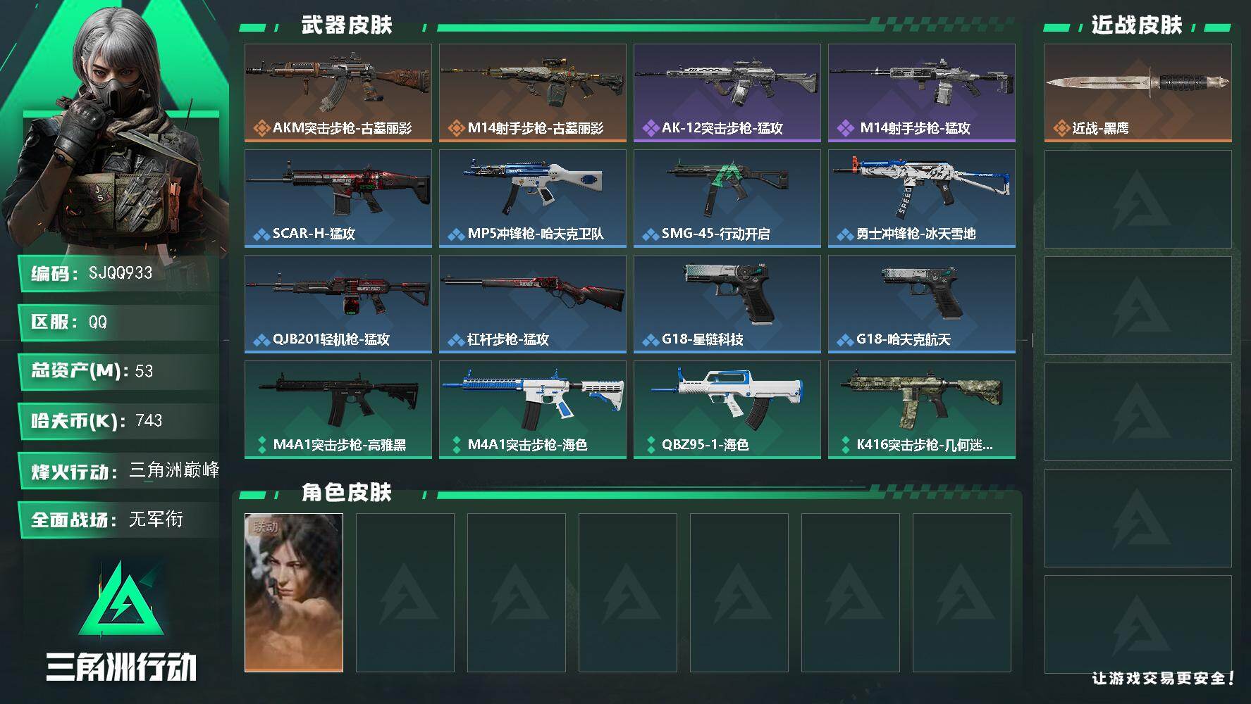 三角洲行动账号QQ【SJQQ933】总资产53M/哈夫币74万/干员外观数1/传说枪皮数2/战场等级1/行动等级60/安全箱等时效性道具以游戏内数据为准，详情请看图/露娜-劳拉·克劳馥/近战-黑鹰/AKM突击步枪-古