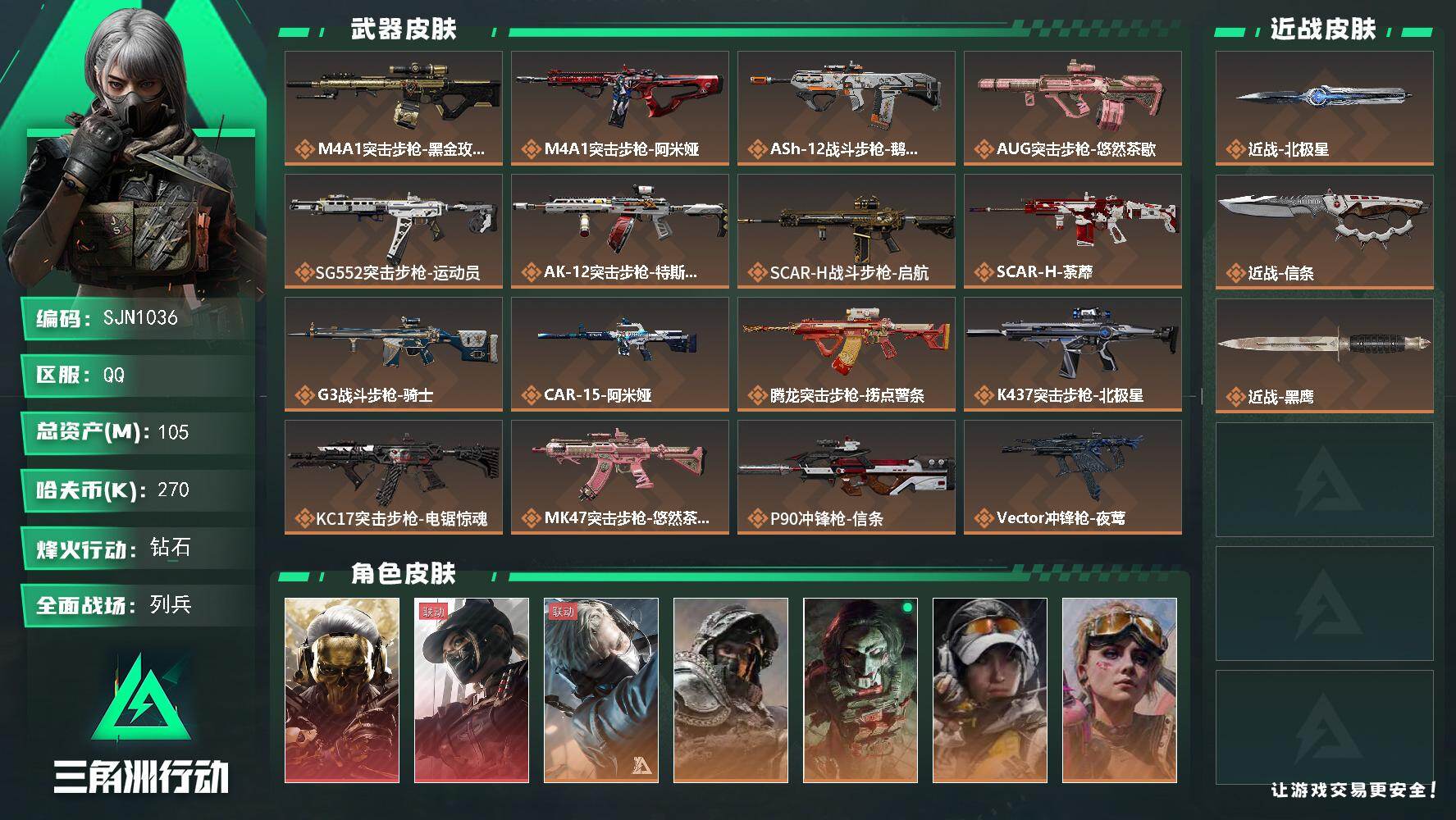 三角洲行动账号QQ【SJN1036】总资产105M/哈夫币27万/传说近战数2/干员外观数7/传说枪皮数38/战场等级34/行动等级60/安全箱等时效性道具以游戏内数据为准，详情请看图/红狼-蚀金玫瑰/露娜-黑·天际