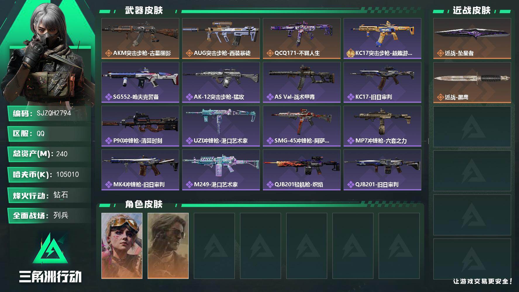 三角洲行动账号QQ【SJZQH2794】总资产240M/哈夫币10501万/传说近战数1/干员外观数2/传说枪皮数3/战场等级34/行动等级60/安全箱等时效性道具以游戏内数据为准，详情请看图/蛊-不羁人生/银翼-未