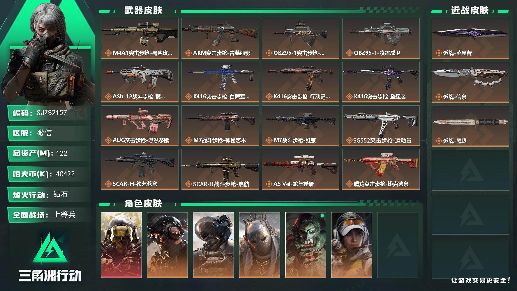 三角洲行动账号VX【SJZS2157】总资产122M/哈夫币4042万/传说近战数2/干员外观数6/传说枪皮数41/战场等级50/行动等级60/安全箱等时效性道具以游戏内数据为准，详情请看图/红狼-蚀金玫瑰/威龙-铁