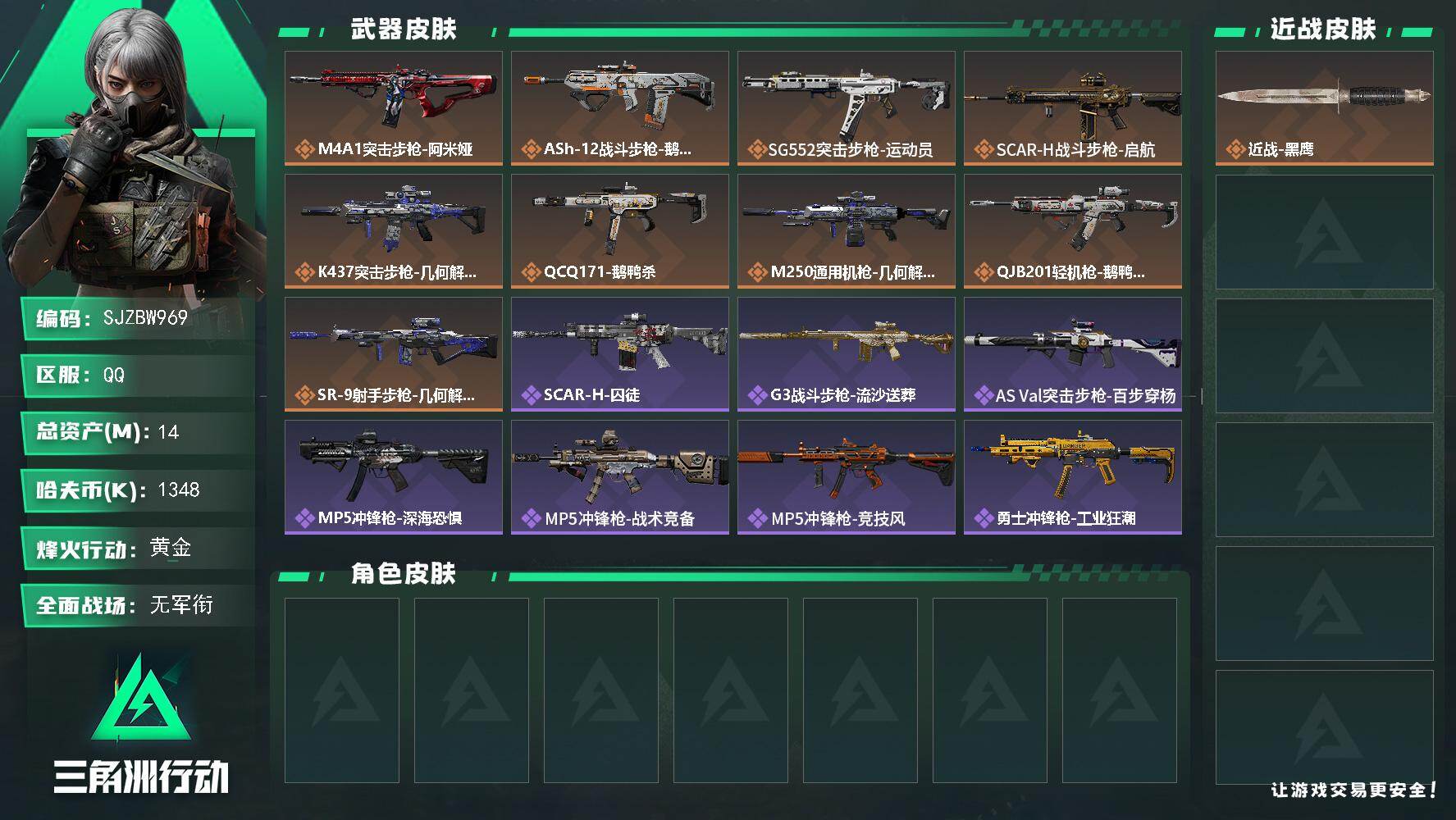 三角洲行动账号QQ【SJZBW969】总资产14M/哈夫币134万/传说枪皮数9/战场等级1/行动等级56/安全箱等时效性道具以游戏内数据为准，详情请看图/近战-黑鹰/M4A1突击步枪-阿米娅/ASh-12战斗步枪-