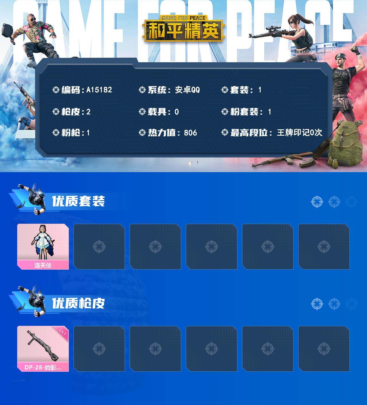 和平精英账号安卓QQ【A15182】1套装/枪械1/装备6/战备10/热力值806/一级DP-28-豹影疾电/洛天依/DP-28-豹影疾电
