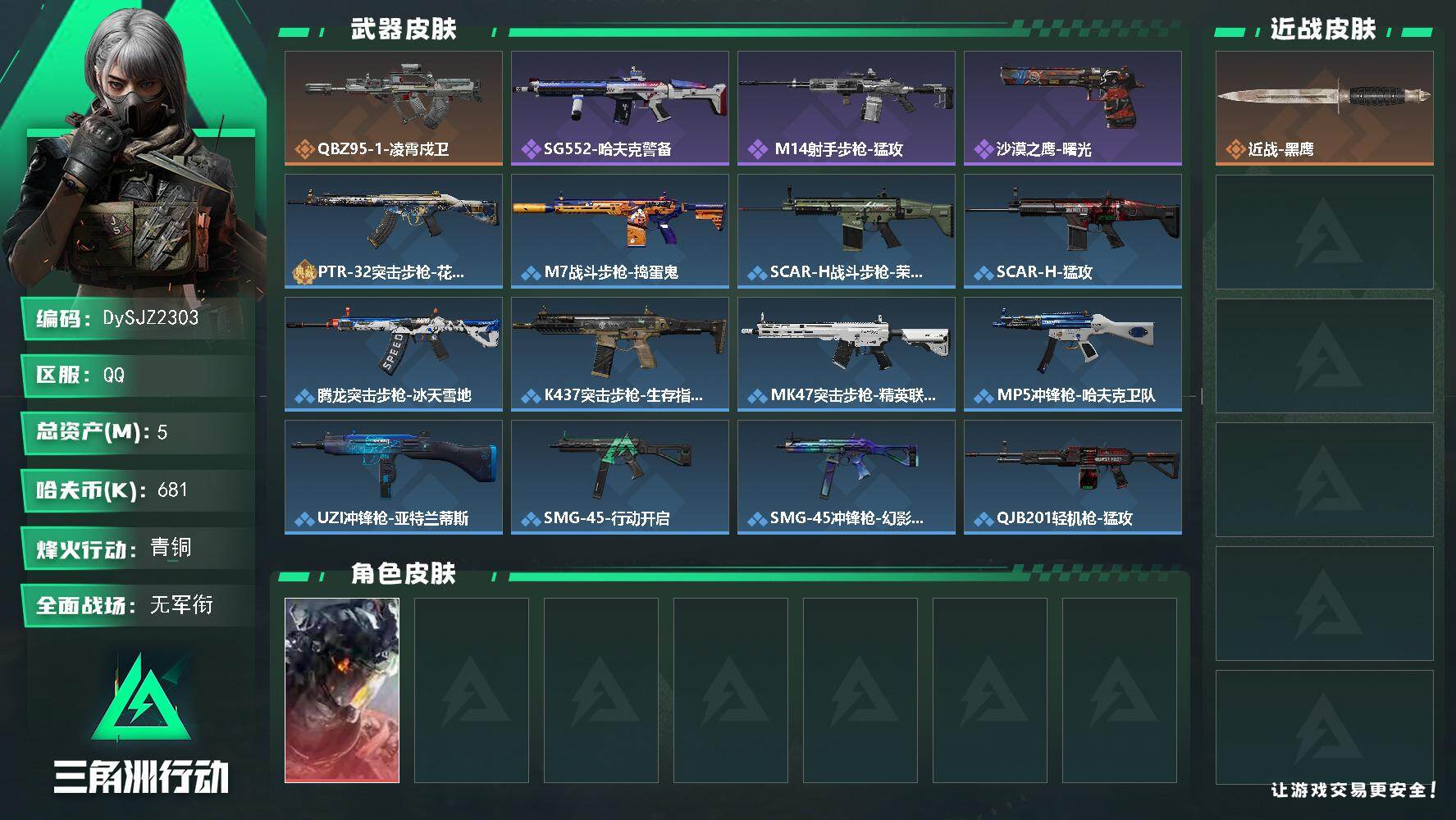三角洲行动账号QQ【DySJZ2303】总资产5M/哈夫币68万/干员外观数1/传说枪皮数1/战场等级1/行动等级53/安全箱等时效性道具以游戏内数据为准，详情请看图/威龙-凌霄戍卫/近战-黑鹰/QBZ95-1突击步