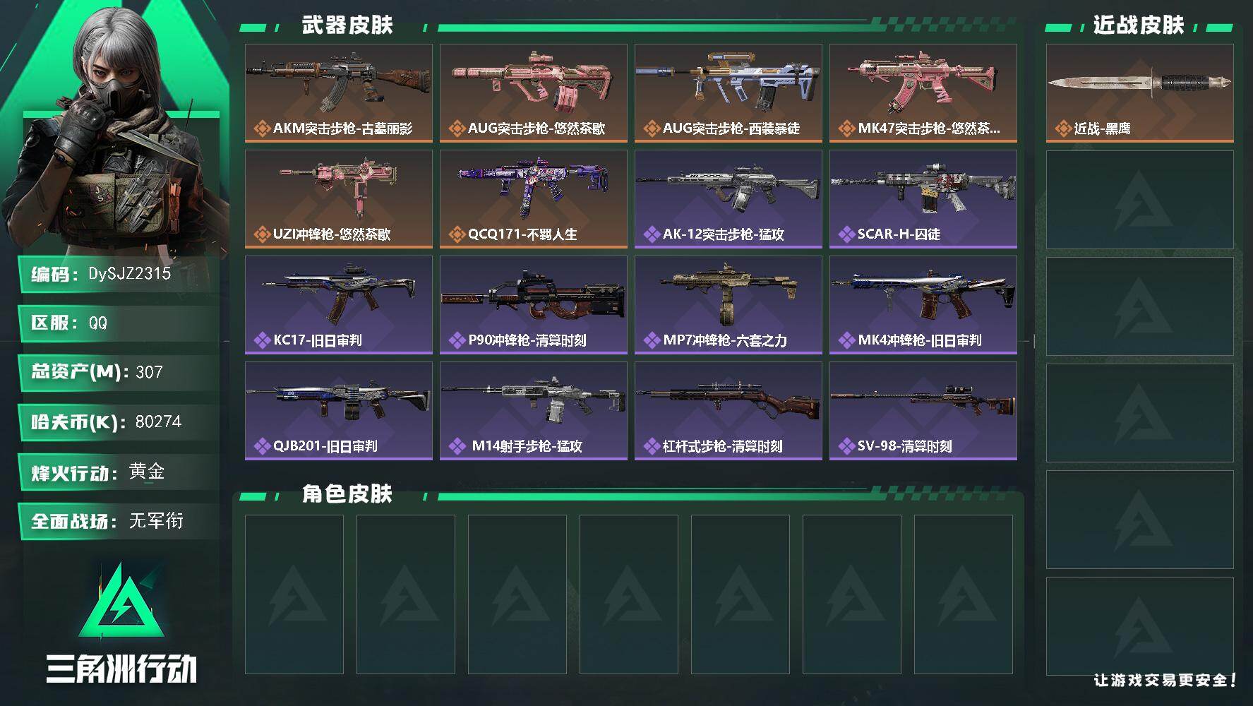 三角洲行动账号QQ【DySJZ2315】总资产307M/哈夫币8027万/传说枪皮数6/战场等级1/行动等级60/安全箱等时效性道具以游戏内数据为准，详情请看图/近战-黑鹰/AKM突击步枪-古墓丽影/AUG突击步枪-