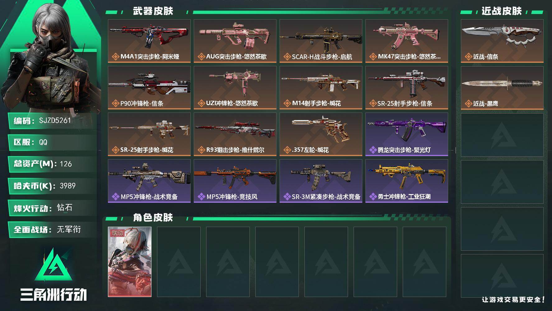 三角洲行动账号QQ【SJZD5261】总资产126M/哈夫币398万/传说近战数1/干员外观数1/传说枪皮数11/战场等级1/行动等级60/安全箱等时效性道具以游戏内数据为准，详情请看图/骇爪-维什戴尔/近战-信条/