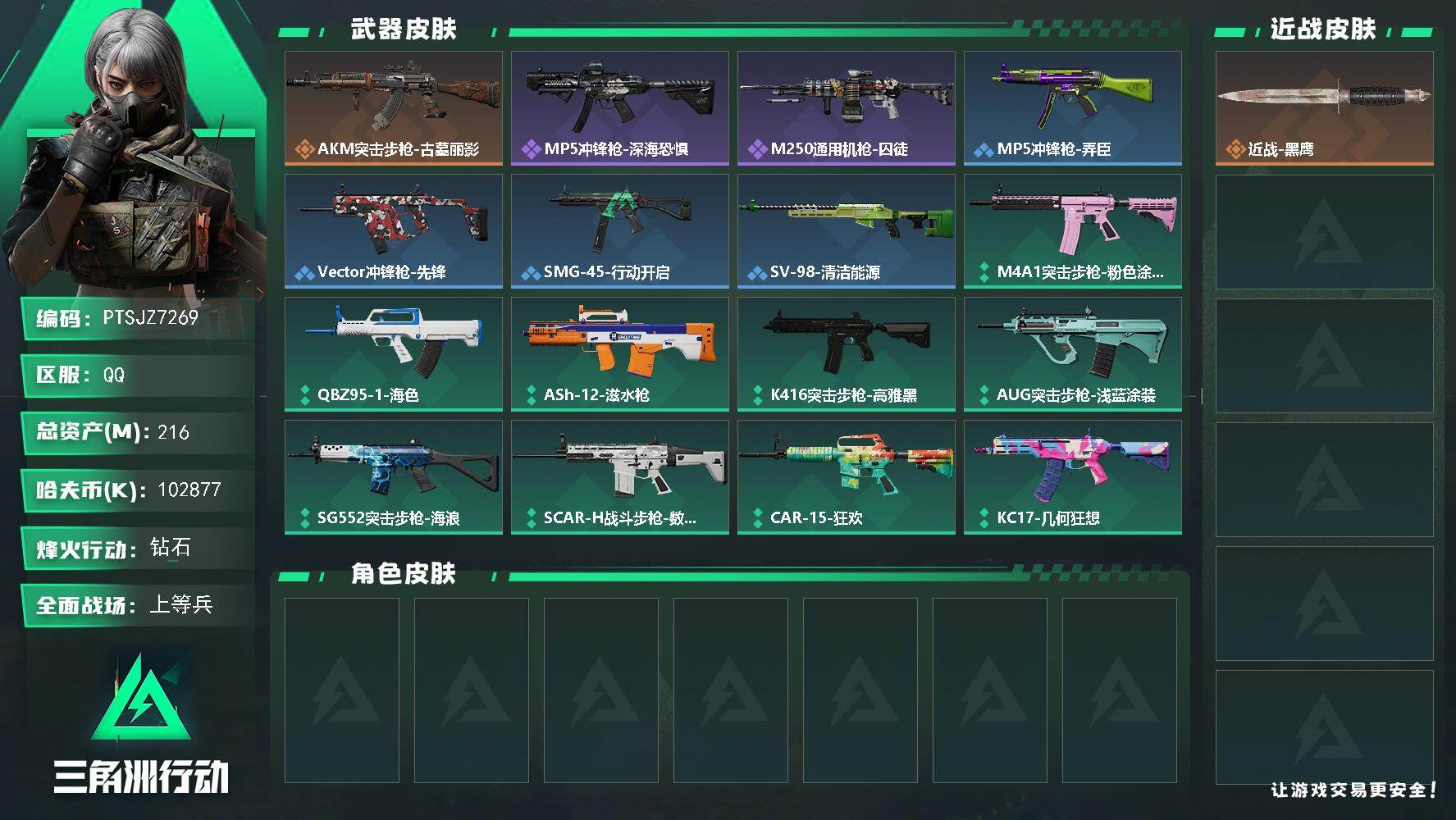 三角洲行动账号QQ【PTSJZ7269】总资产216M/哈夫币10287万/传说枪皮数1/战场等级13/行动等级60/
