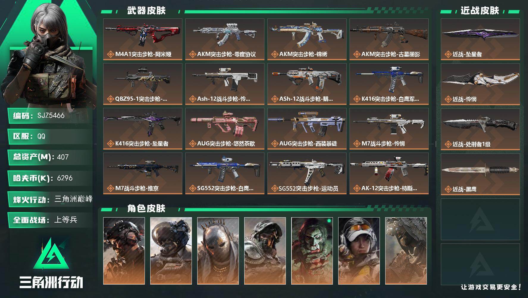 三角洲行动账号QQ【SJZ5466】总资产407M/哈夫币629万/传说近战数3/干员外观数9/传说枪皮数40/战场等级35/行动等级60/安全箱等时效性道具以游戏内数据为准，详情请看图/威龙-铁面判官/威龙-壮志凌